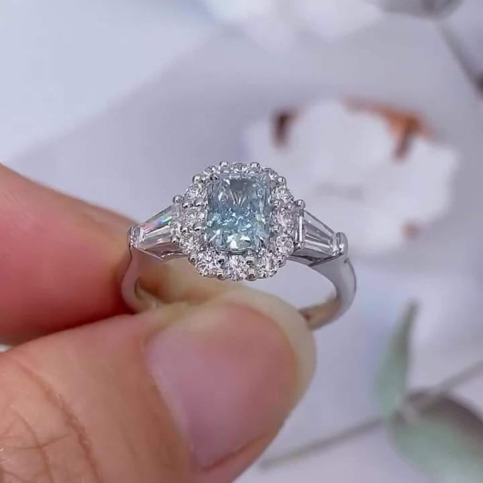 1.75tcw Radiant Fancy Blue Diamond Ring | Lab-Grown | Halo Three Stone | VVS-VS Clarity