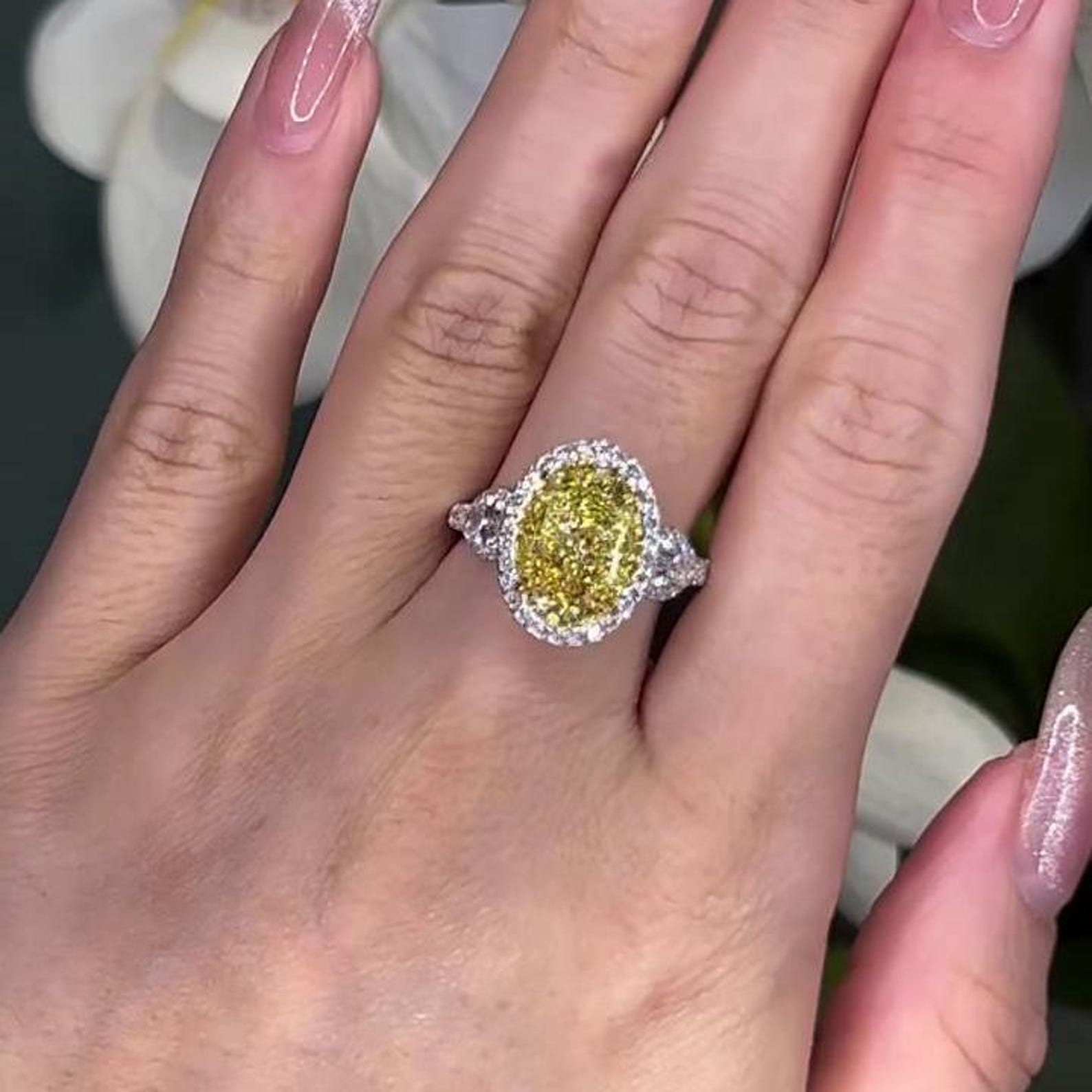 Oval Fancy Yellow 7.40tcw Lab Diamond Halo Three Stone Ring | IGI Certified VVS-VS Clarity