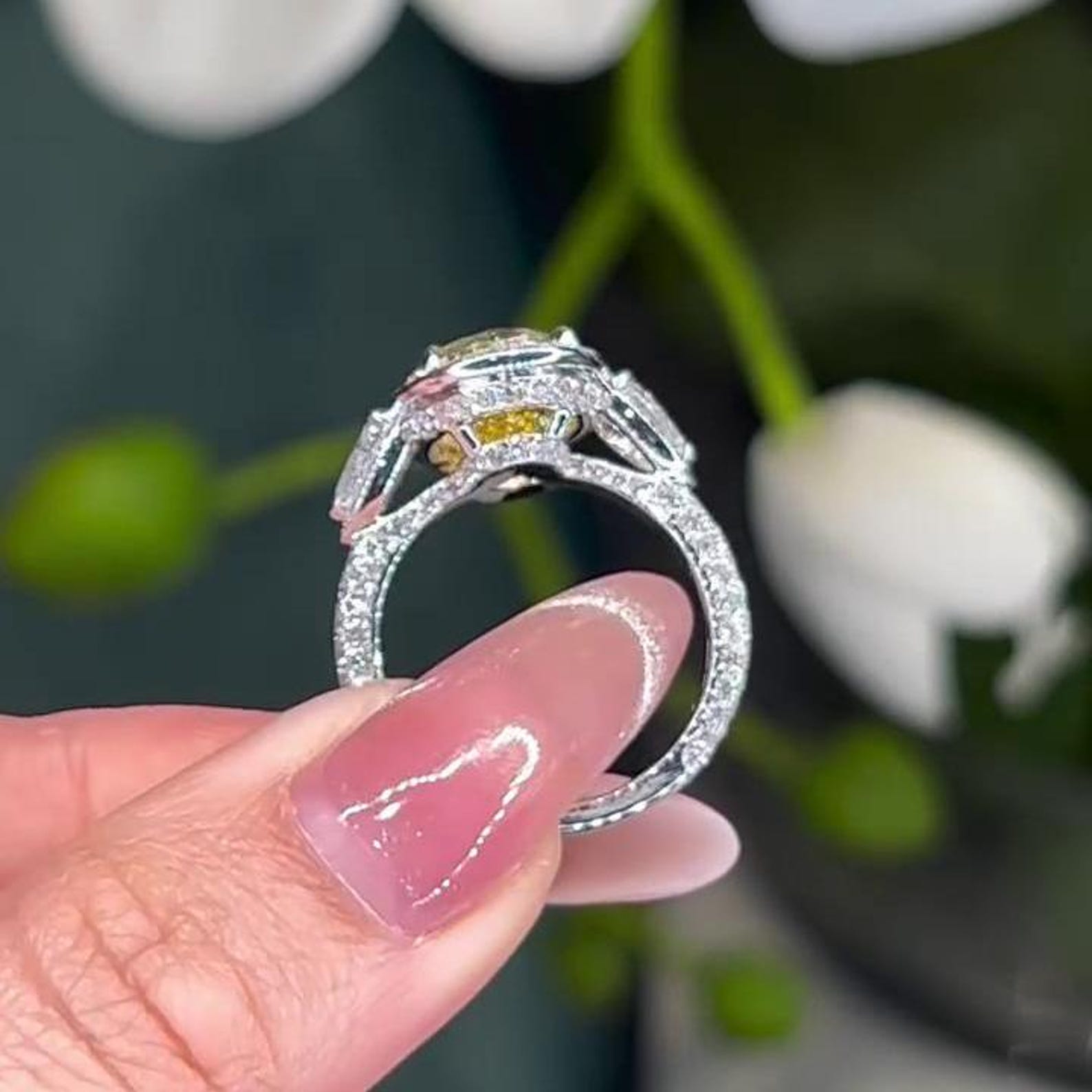 Oval Fancy Yellow 7.40tcw Lab Diamond Halo Three Stone Ring | IGI Certified VVS-VS Clarity