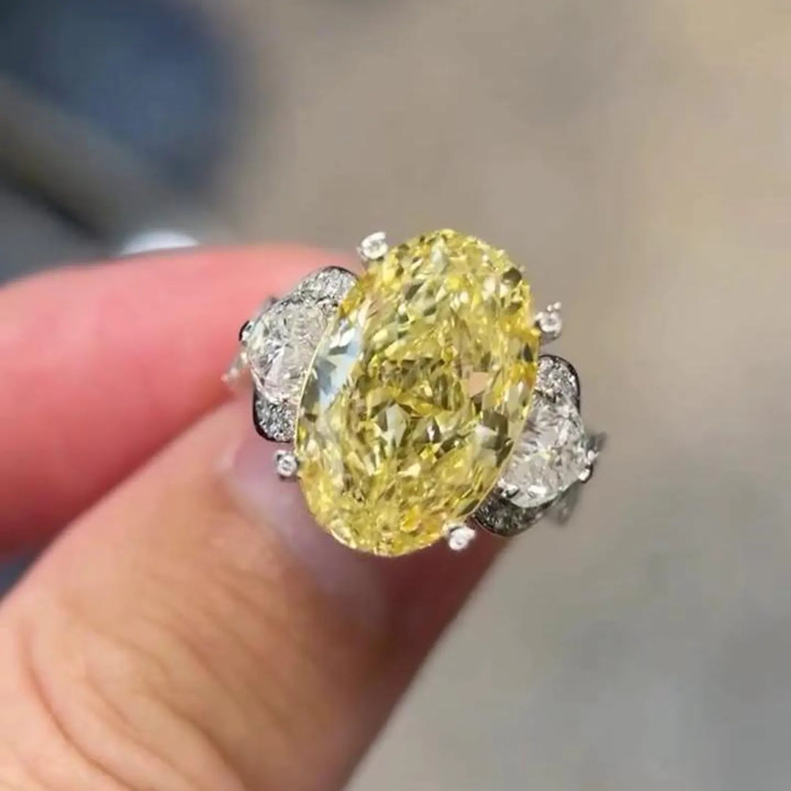 Oval Fancy Yellow 10.50tcw Lab Diamond Pave Ring | IGI | Three Stone | VVS–VS Clarity