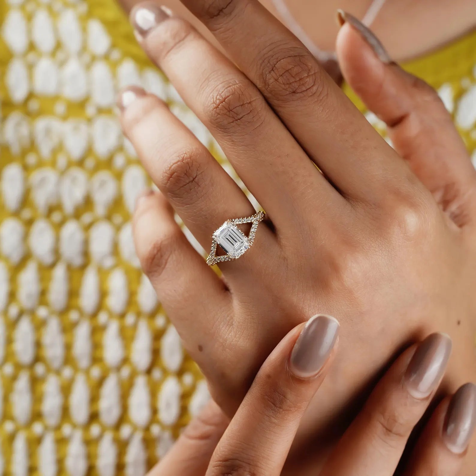 Emerald 3.65tcw Lab Grown Diamond Split Hidden Halo Pave Engagement Ring, DEF Color, VVS-VS Clarity