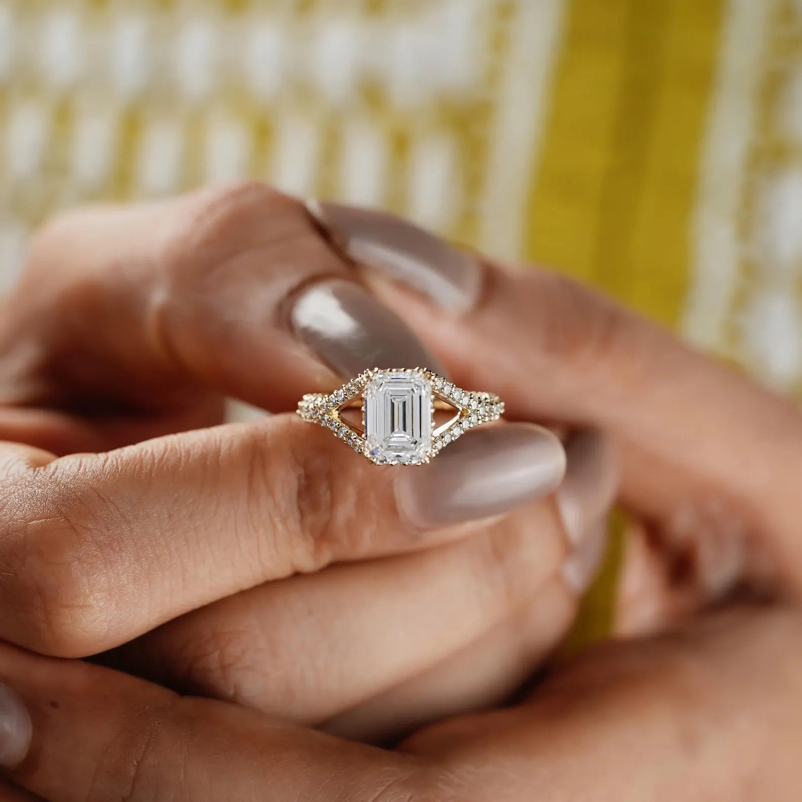 Emerald 3.65tcw Lab Grown Diamond Split Hidden Halo Pave Engagement Ring, DEF Color, VVS-VS Clarity