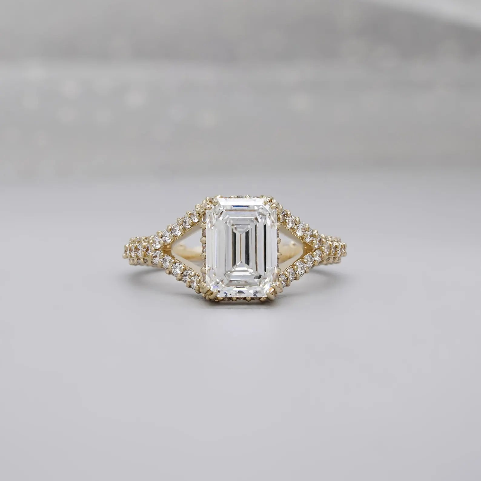 Emerald 3.65tcw Lab Grown Diamond Split Hidden Halo Pave Engagement Ring, DEF Color, VVS-VS Clarity