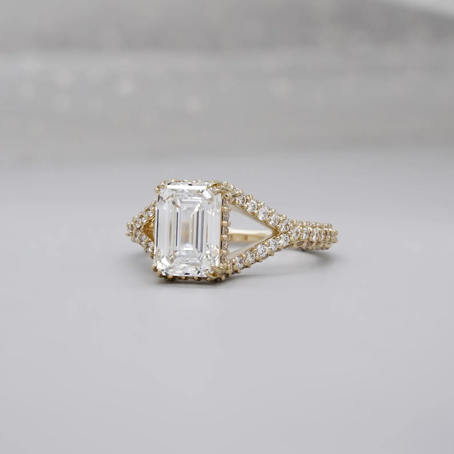 Emerald 3.65tcw Lab Grown Diamond Split Hidden Halo Pave Engagement Ring, DEF Color, VVS-VS Clarity