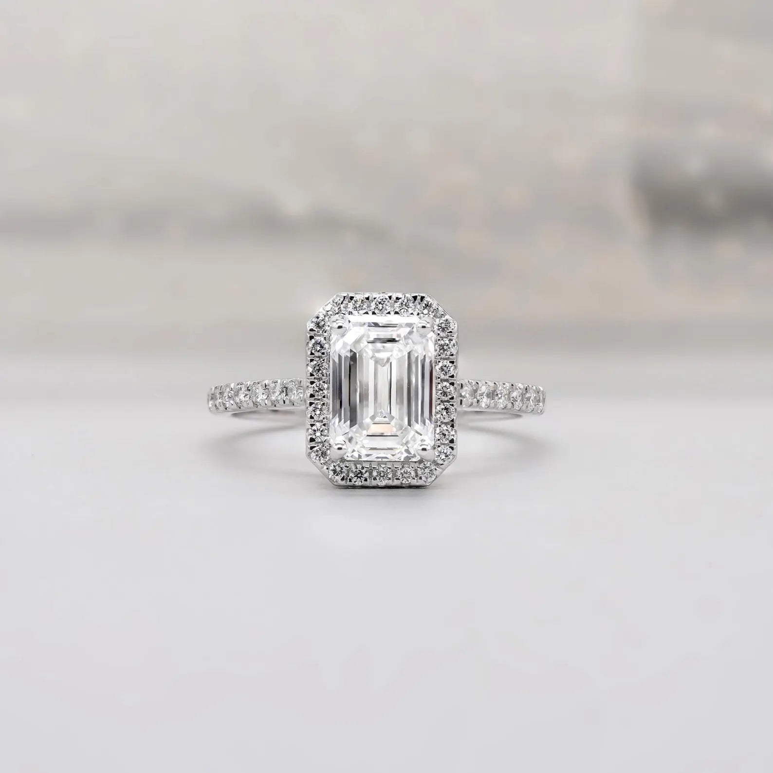 Emerald 2.52tcw Lab Grown Diamond Halo Engagement Ring | Pave Cathedral | Blue Sapphire Stone | D-E-F Color | VVS–VS Clarity | IGI Certified