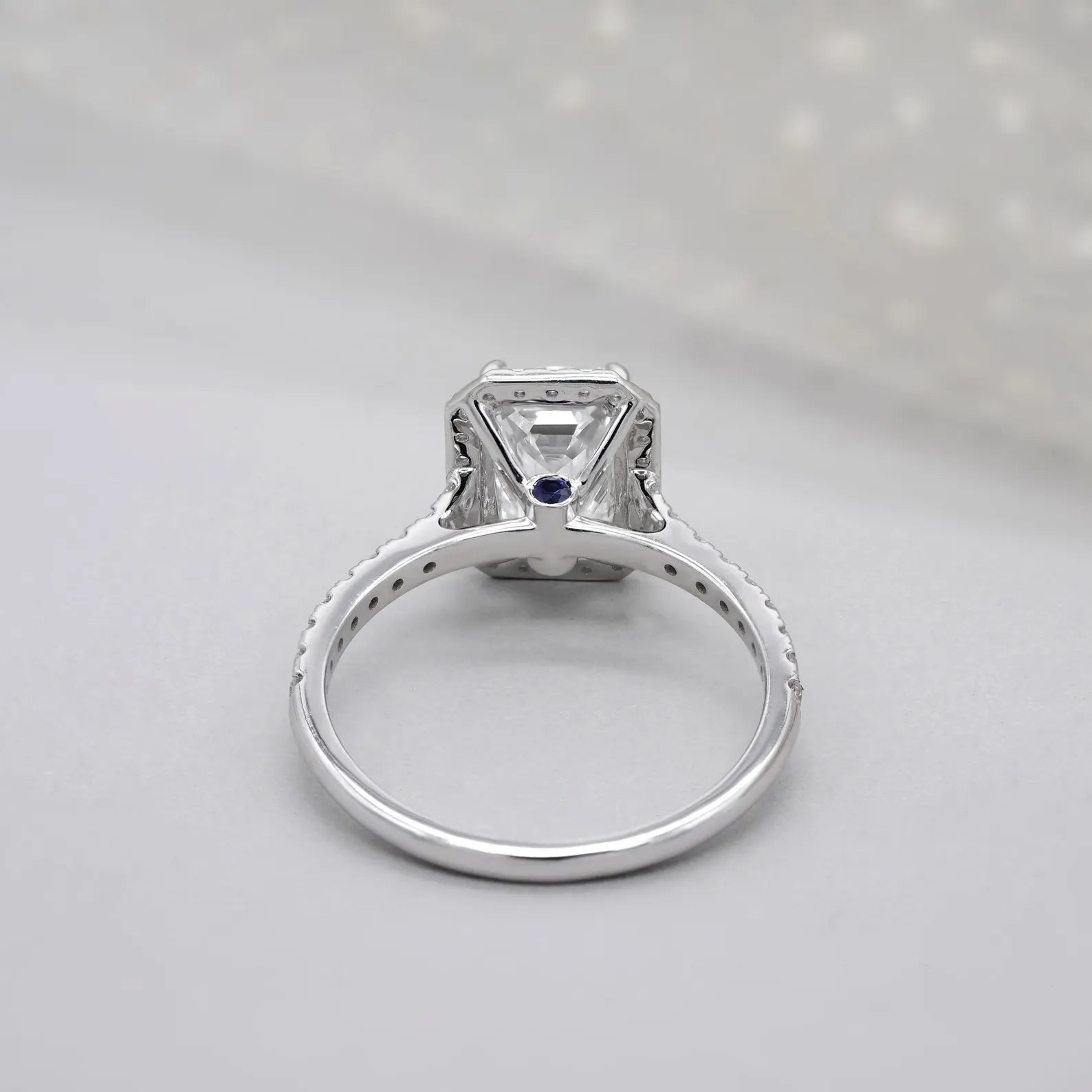 Emerald 2.52tcw Lab Grown Diamond Halo Engagement Ring | Pave Cathedral | Blue Sapphire Stone | D-E-F Color | VVS–VS Clarity | IGI Certified