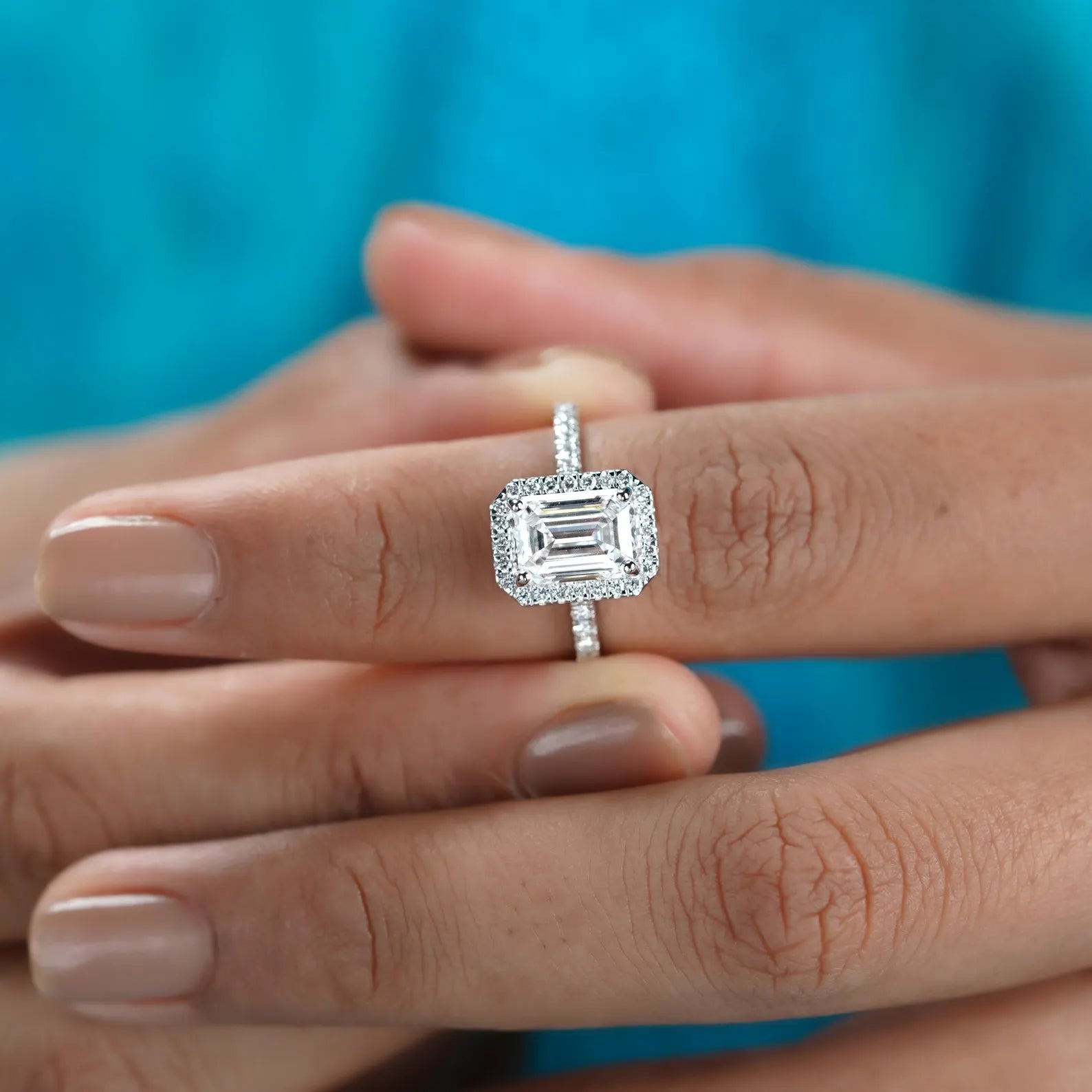 Emerald 2.52tcw Lab Grown Diamond Halo Engagement Ring | Pave Cathedral | Blue Sapphire Stone | D-E-F Color | VVS–VS Clarity | IGI Certified