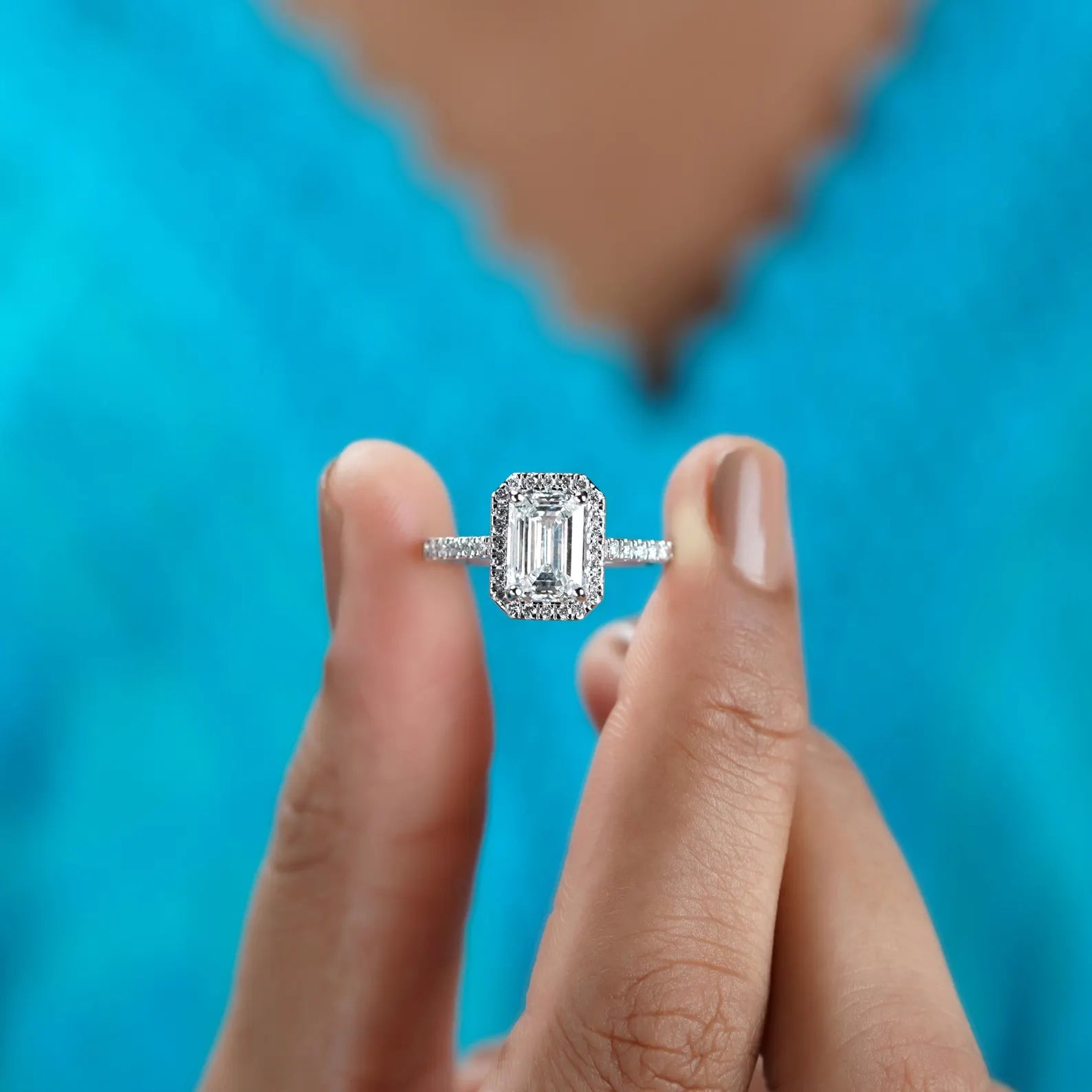 Emerald 2.52tcw Lab Grown Diamond Halo Engagement Ring | Pave Cathedral | Blue Sapphire Stone | D-E-F Color | VVS–VS Clarity | IGI Certified