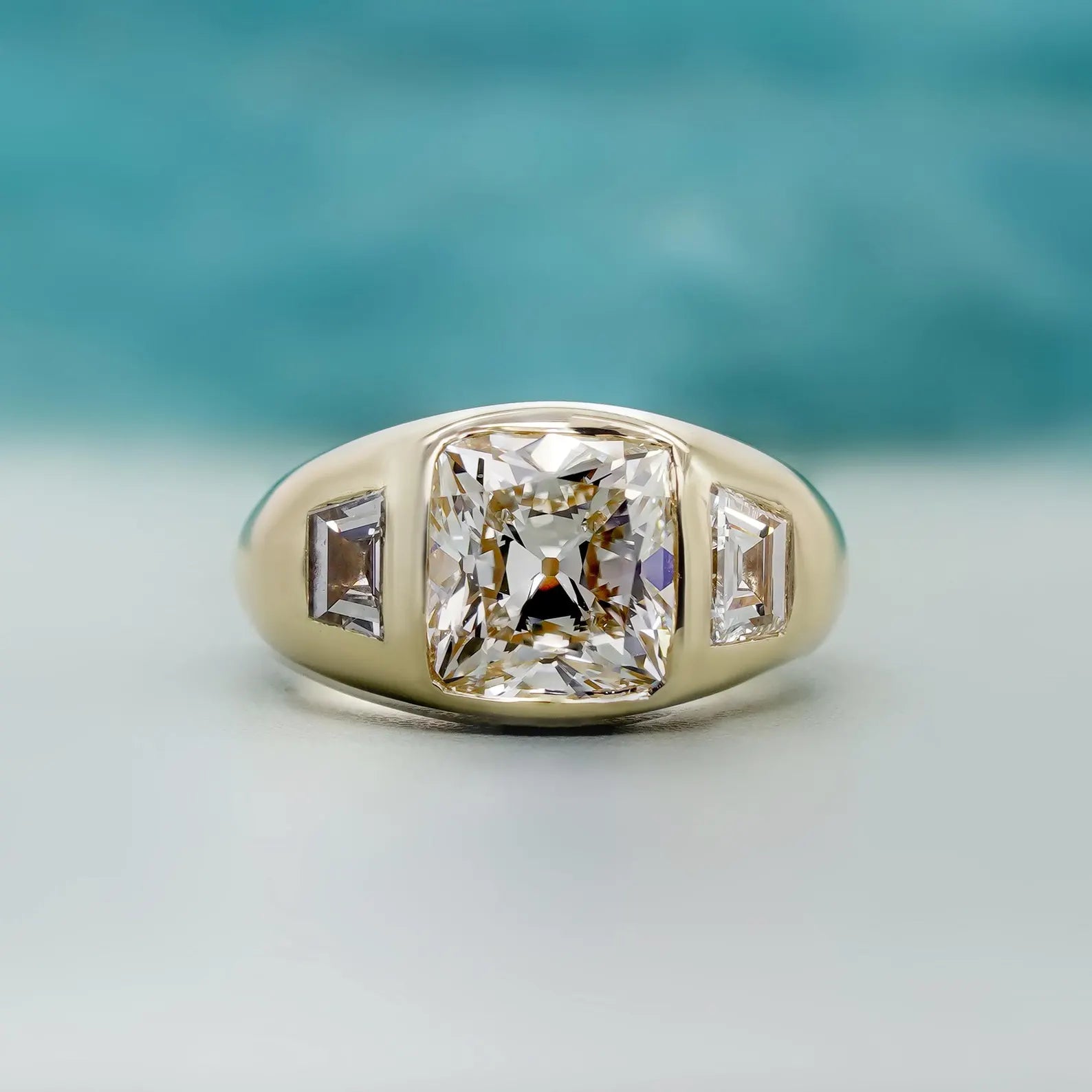 Cushion 3.40tcw Lab Grown Diamond, Three Stone Bezel Set Engagement Ring, D-E-F Color, VVS-VS Clarity, IGI Certificate