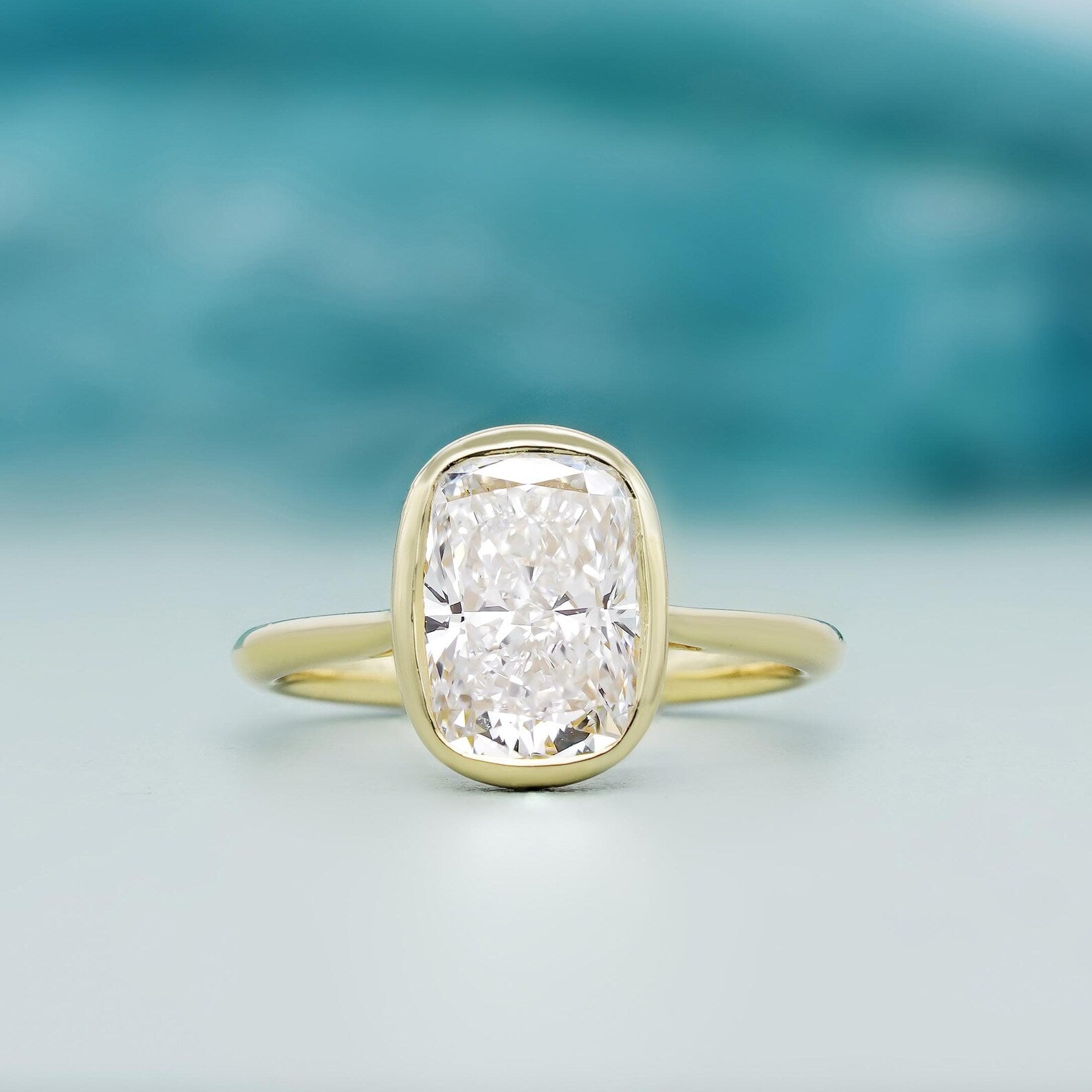 2.50Carat Cushion Cut Lab Grown Diamond Ring | Bezel Set in 14k Yellow Gold | D-E-F Color, VVS–VS Clarity | Modern Solitaire