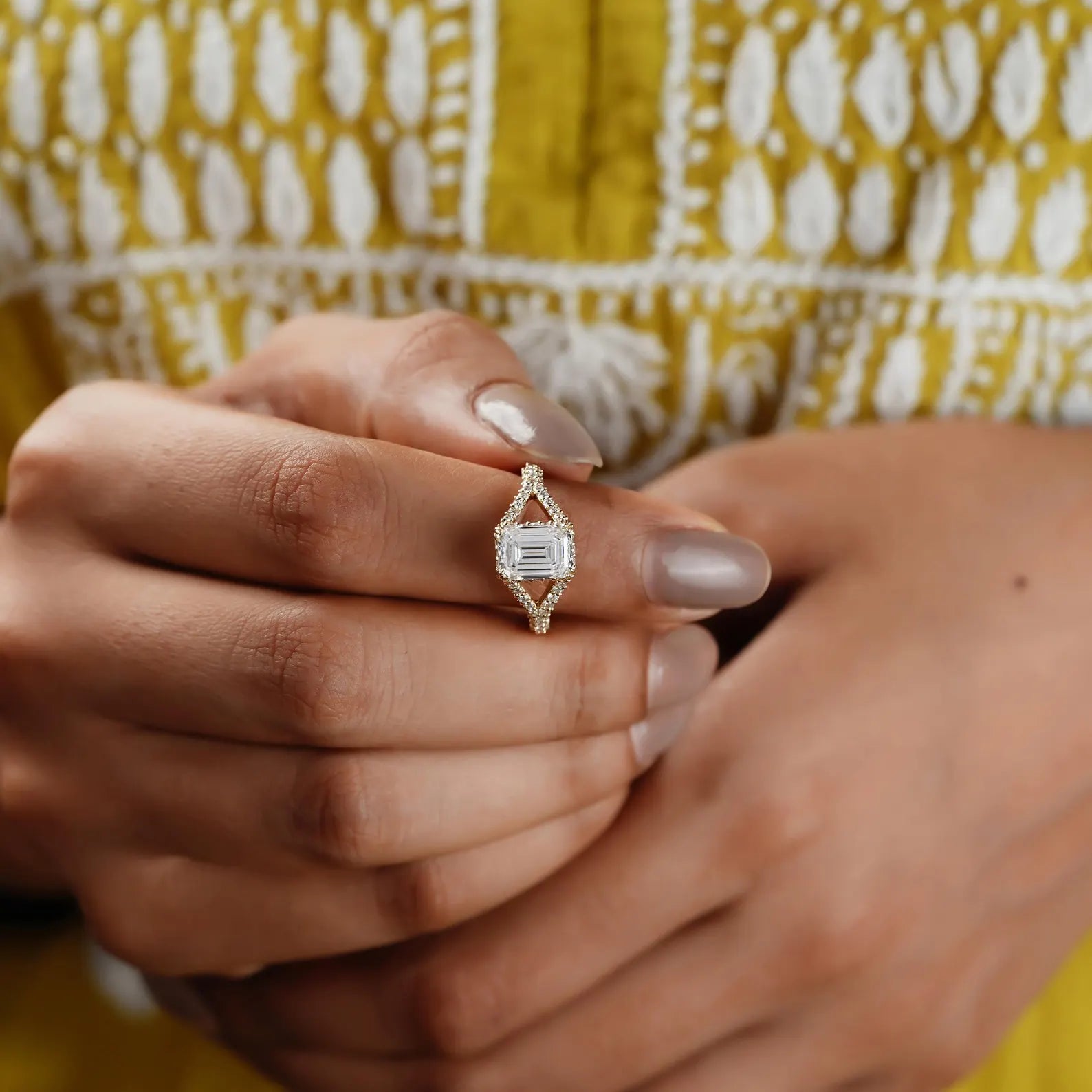 Emerald 3.65tcw Lab Grown Diamond Split Hidden Halo Pave Engagement Ring, DEF Color, VVS-VS Clarity