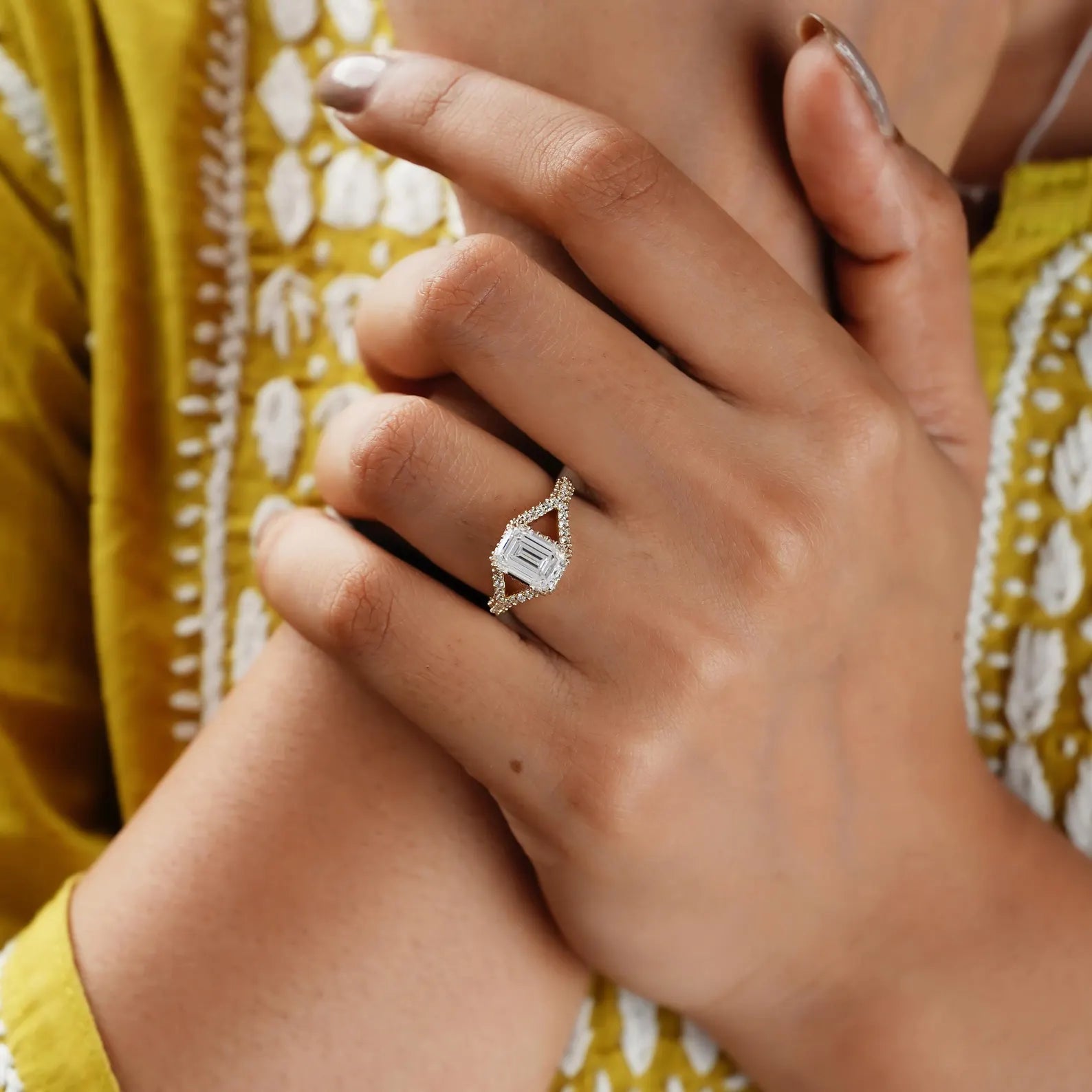 Emerald 3.65tcw Lab Grown Diamond Split Hidden Halo Pave Engagement Ring, DEF Color, VVS-VS Clarity