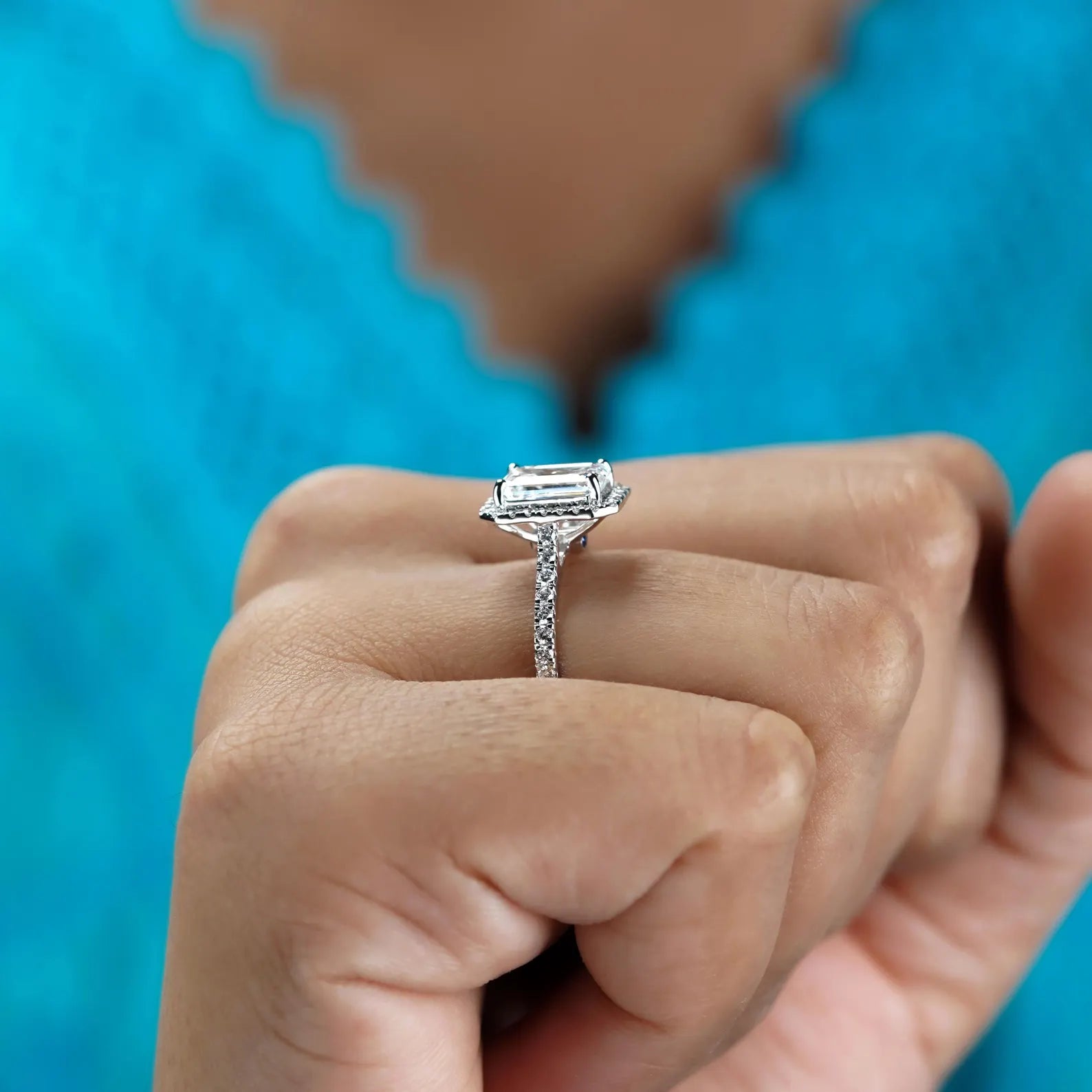 Emerald 2.52tcw Lab Grown Diamond Halo Engagement Ring | Pave Cathedral | Blue Sapphire Stone | D-E-F Color | VVS–VS Clarity | IGI Certified