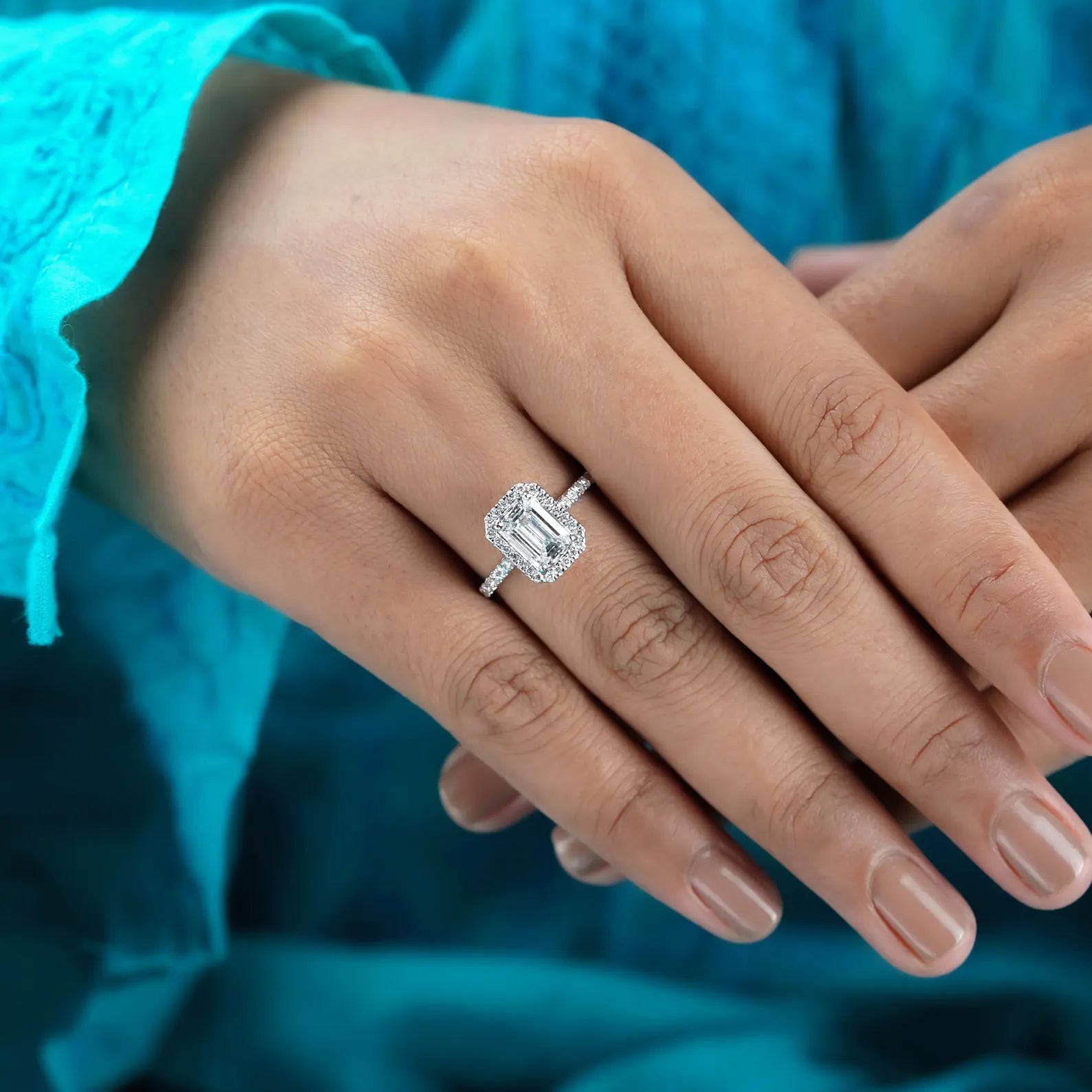 Emerald 2.52tcw Lab Grown Diamond Halo Engagement Ring | Pave Cathedral | Blue Sapphire Stone | D-E-F Color | VVS–VS Clarity | IGI Certified