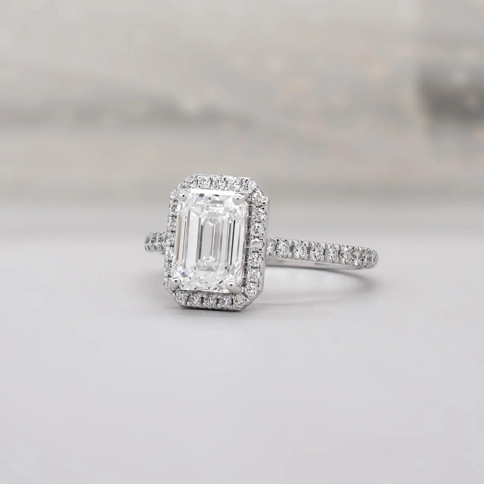 Emerald 2.52tcw Lab Grown Diamond Halo Engagement Ring | Pave Cathedral | Blue Sapphire Stone | D-E-F Color | VVS–VS Clarity | IGI Certified