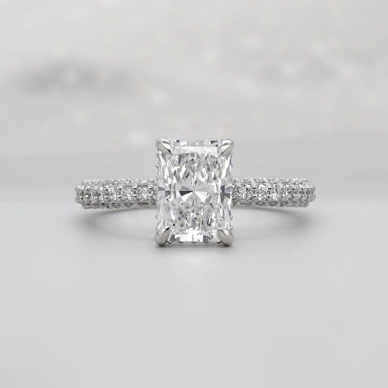 Radiant 3.50tcw Lab Grown Diamond Engagement Ring | Hidden Halo Pave Setting | D-E-F Color | VVS–VS Clarity | IGI Certified