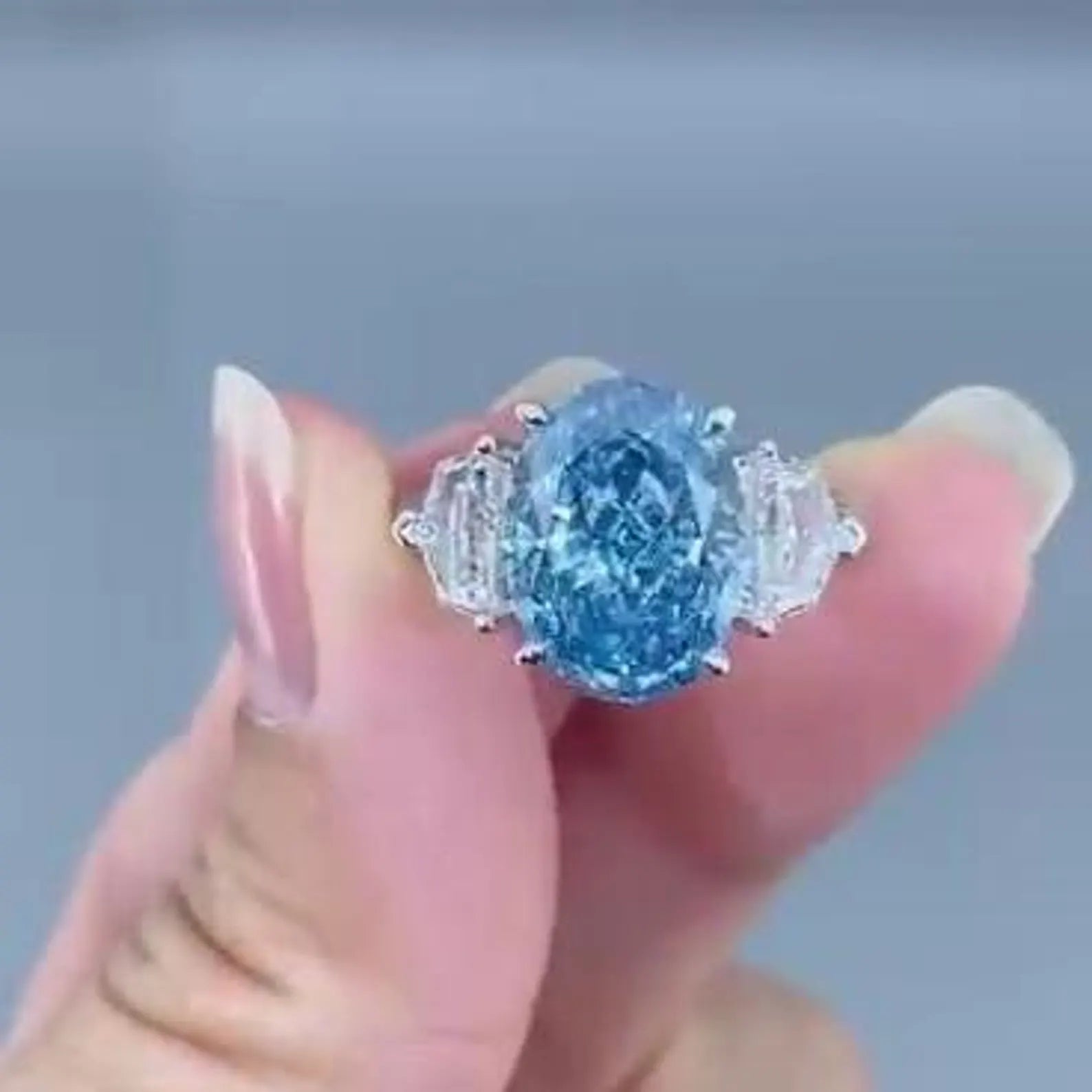 Oval 5.00tcw Fancy Blue Lab-Grown Diamond Engagement Ring | 3-Stone Style | IGI Certified