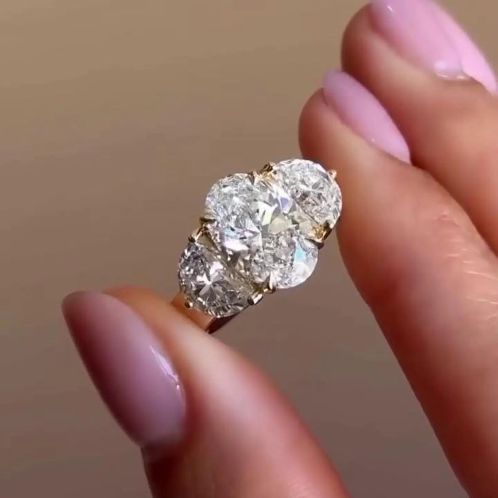 Oval 6.00tcw Lab Diamond Three-Stone Engagement Ring | IGI Certified | Yellow Gold