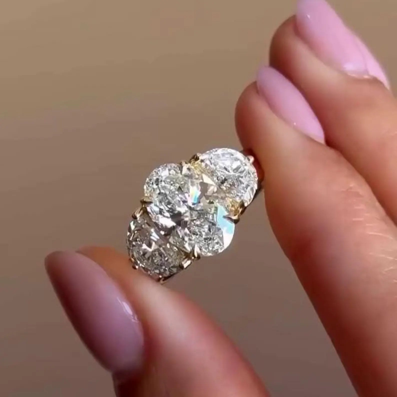 Oval 6.00tcw Lab Diamond Three-Stone Engagement Ring | IGI Certified | Yellow Gold