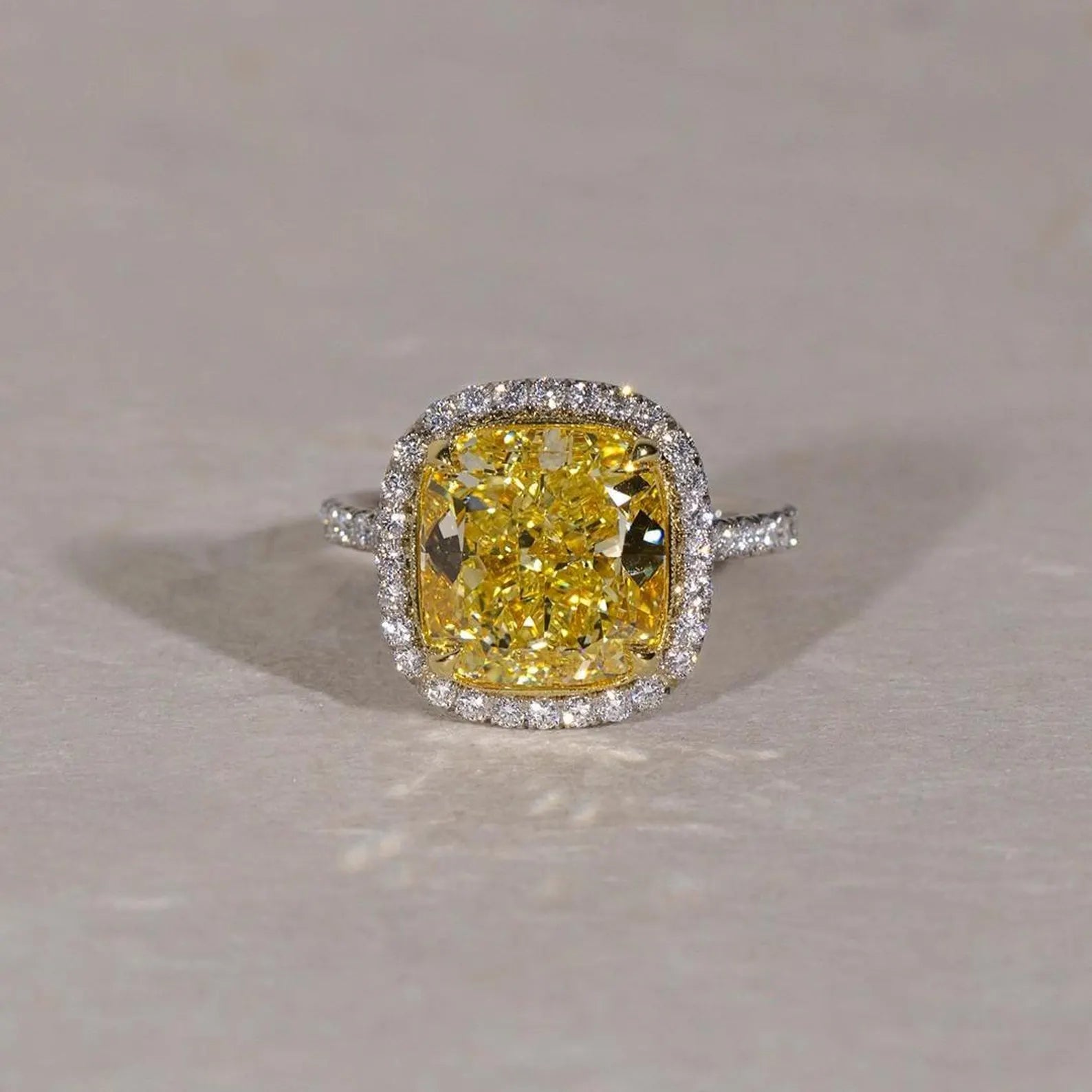 Fancy Yellow Cushion 6.50tcw Lab Grown Diamond Pave And Halo Engagement Ring | IGI Certified