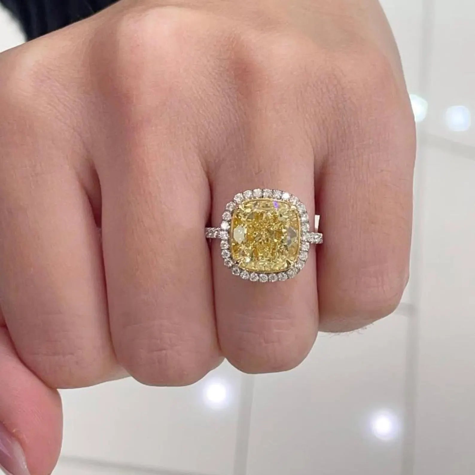 Fancy Yellow Cushion 6.50tcw Lab Grown Diamond Pave And Halo Engagement Ring | IGI Certified