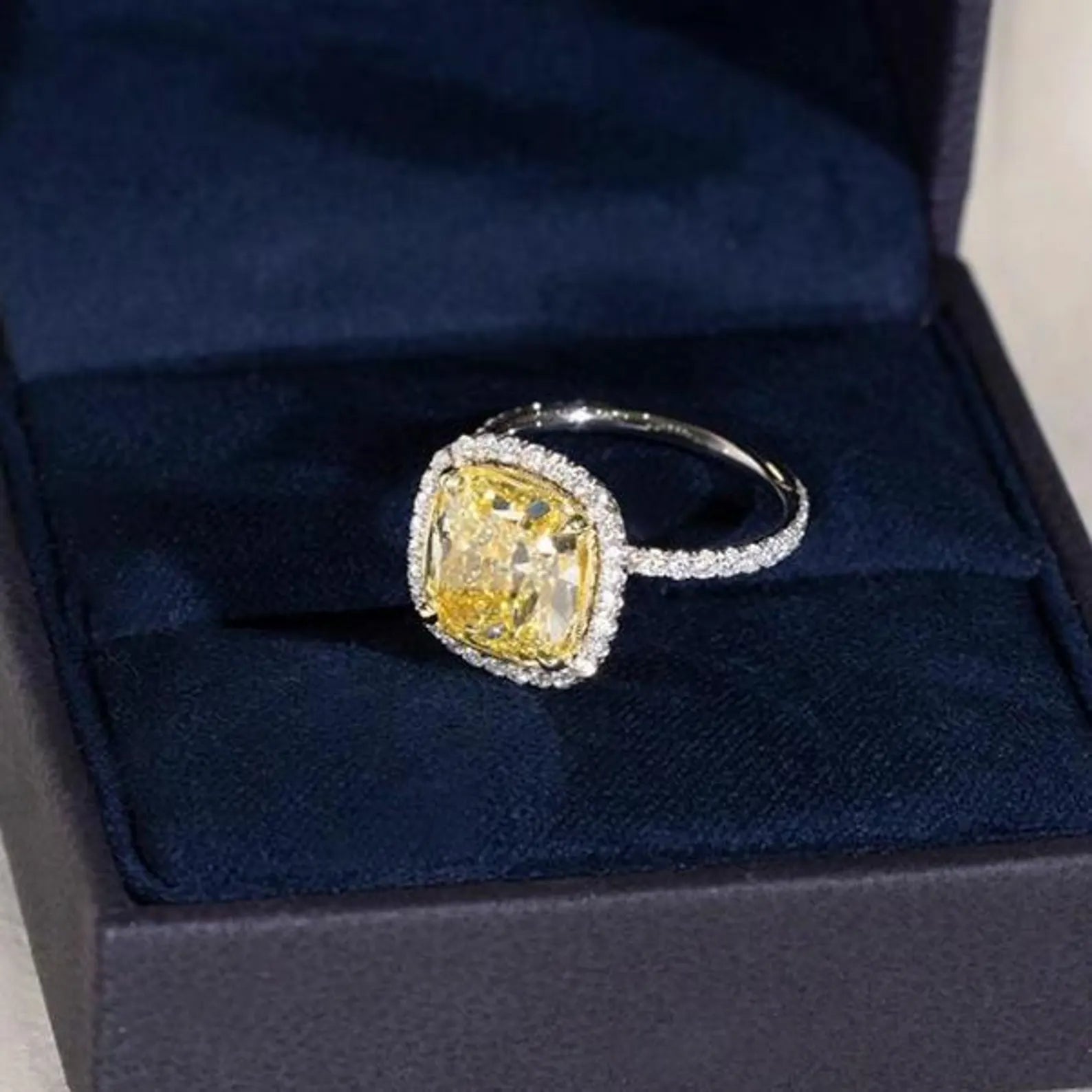 Fancy Yellow Cushion 6.50tcw Lab Grown Diamond Pave And Halo Engagement Ring | IGI Certified