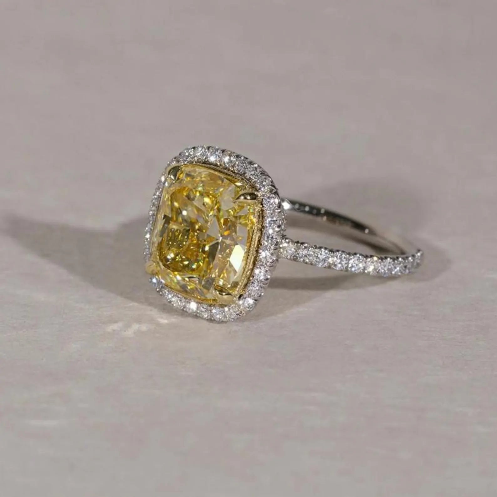 Fancy Yellow Cushion 6.50tcw Lab Grown Diamond Pave And Halo Engagement Ring | IGI Certified