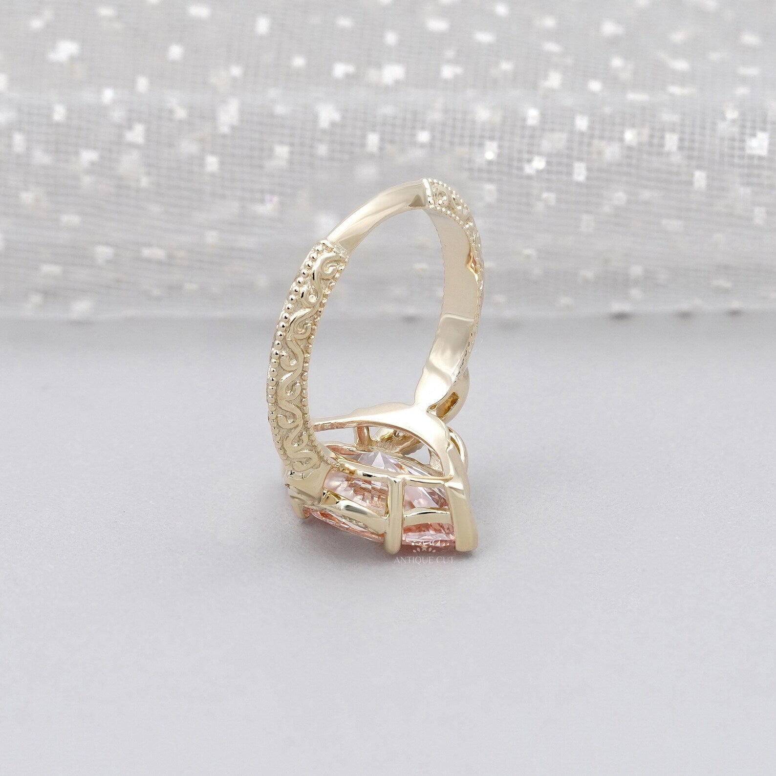 3.00ct Marquise Fancy Pink Engagement Ring • 0.15ct Diamond Leaf Side Stones • Vintage 14K Gold Fancy Pink Ring • Unique Bridal Ring
