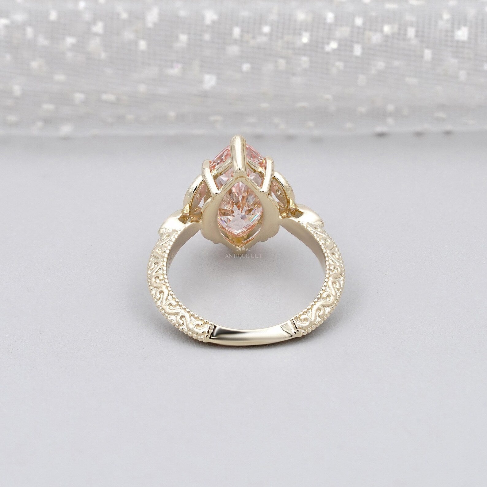 3.00ct Marquise Fancy Pink Engagement Ring • 0.15ct Diamond Leaf Side Stones • Vintage 14K Gold Fancy Pink Ring • Unique Bridal Ring