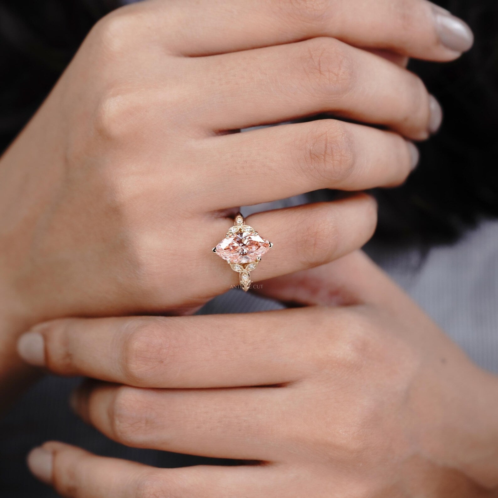 3.00ct Marquise Fancy Pink Engagement Ring • 0.15ct Diamond Leaf Side Stones • Vintage 14K Gold Fancy Pink Ring • Unique Bridal Ring