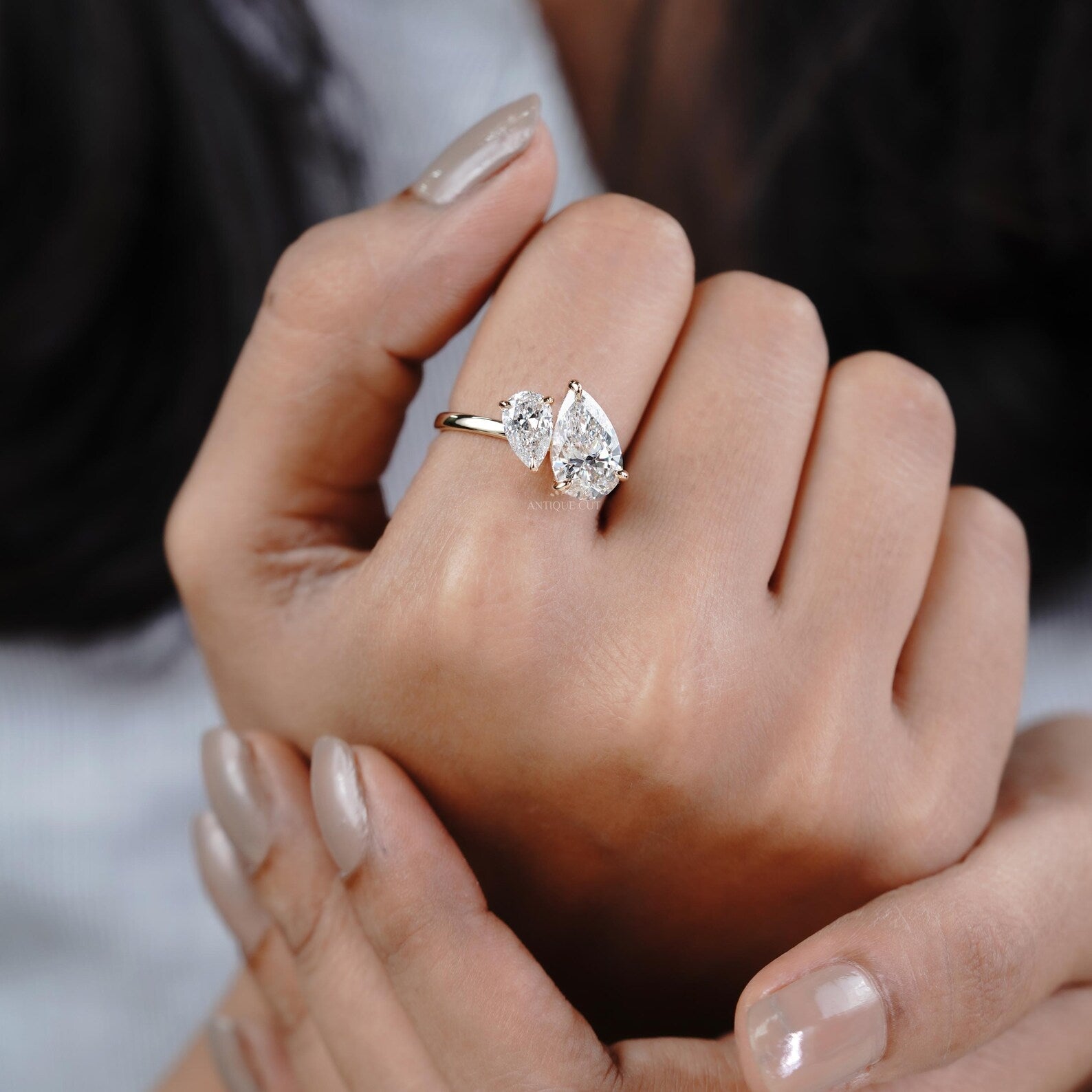 1.30ct Pear Cut Engagement Ring • 0.30ct Pear Side Stone • Two Stone Toi et Moi Ring • 14K Gold Pear Diamond Bypass Ring