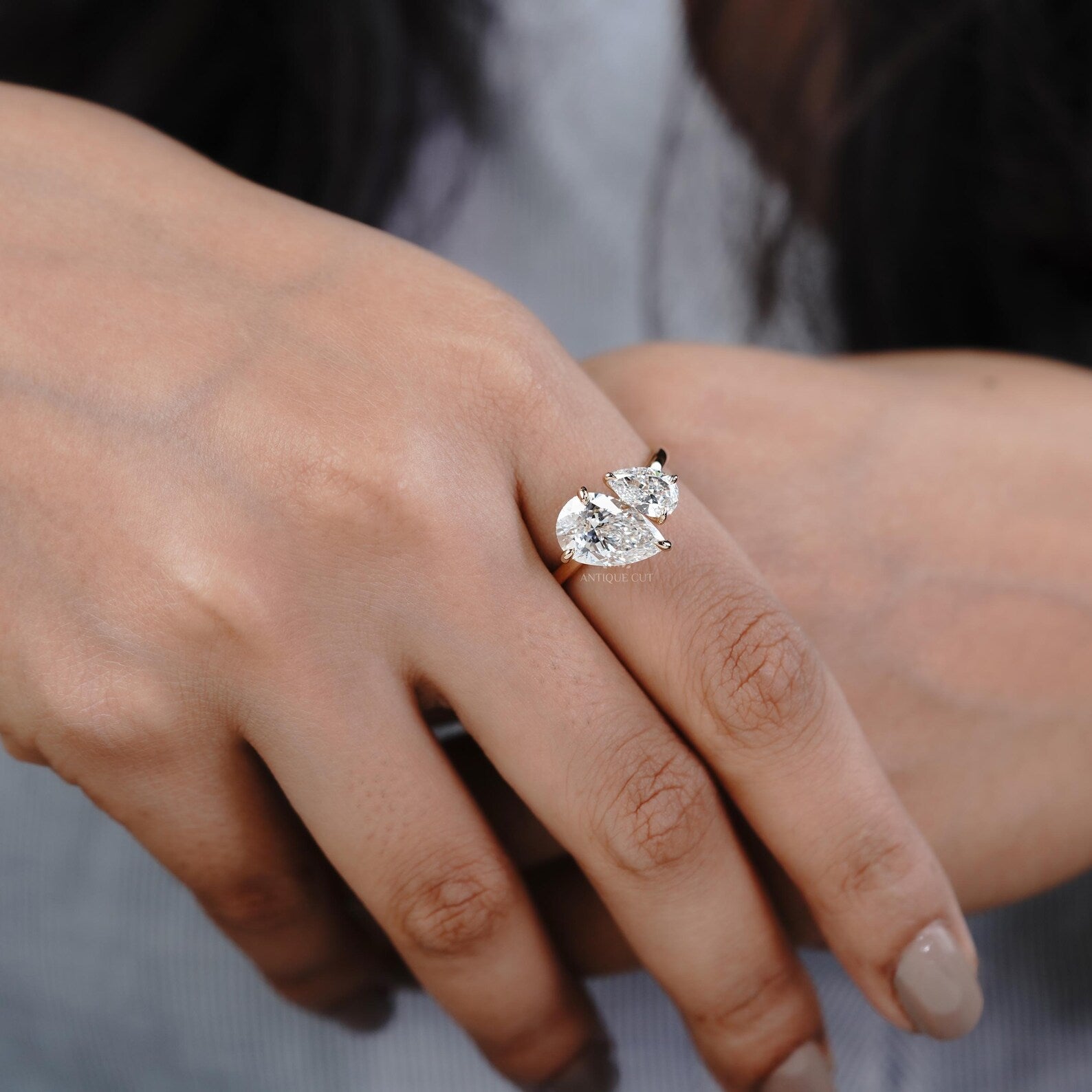 1.30ct Pear Cut Engagement Ring • 0.30ct Pear Side Stone • Two Stone Toi et Moi Ring • 14K Gold Pear Diamond Bypass Ring