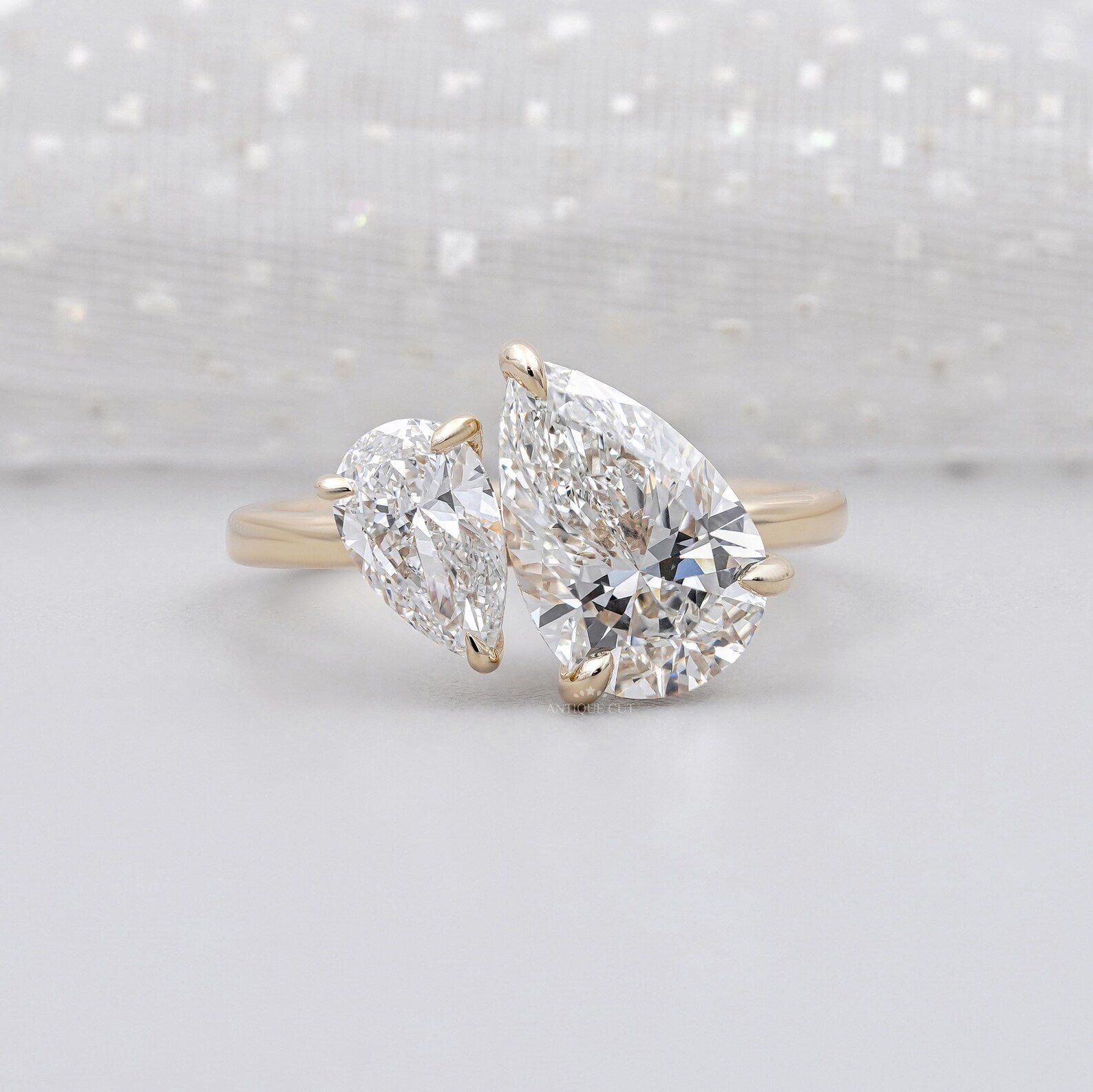 1.30ct Pear Cut Engagement Ring • 0.30ct Pear Side Stone • Two Stone Toi et Moi Ring • 14K Gold Pear Diamond Bypass Ring