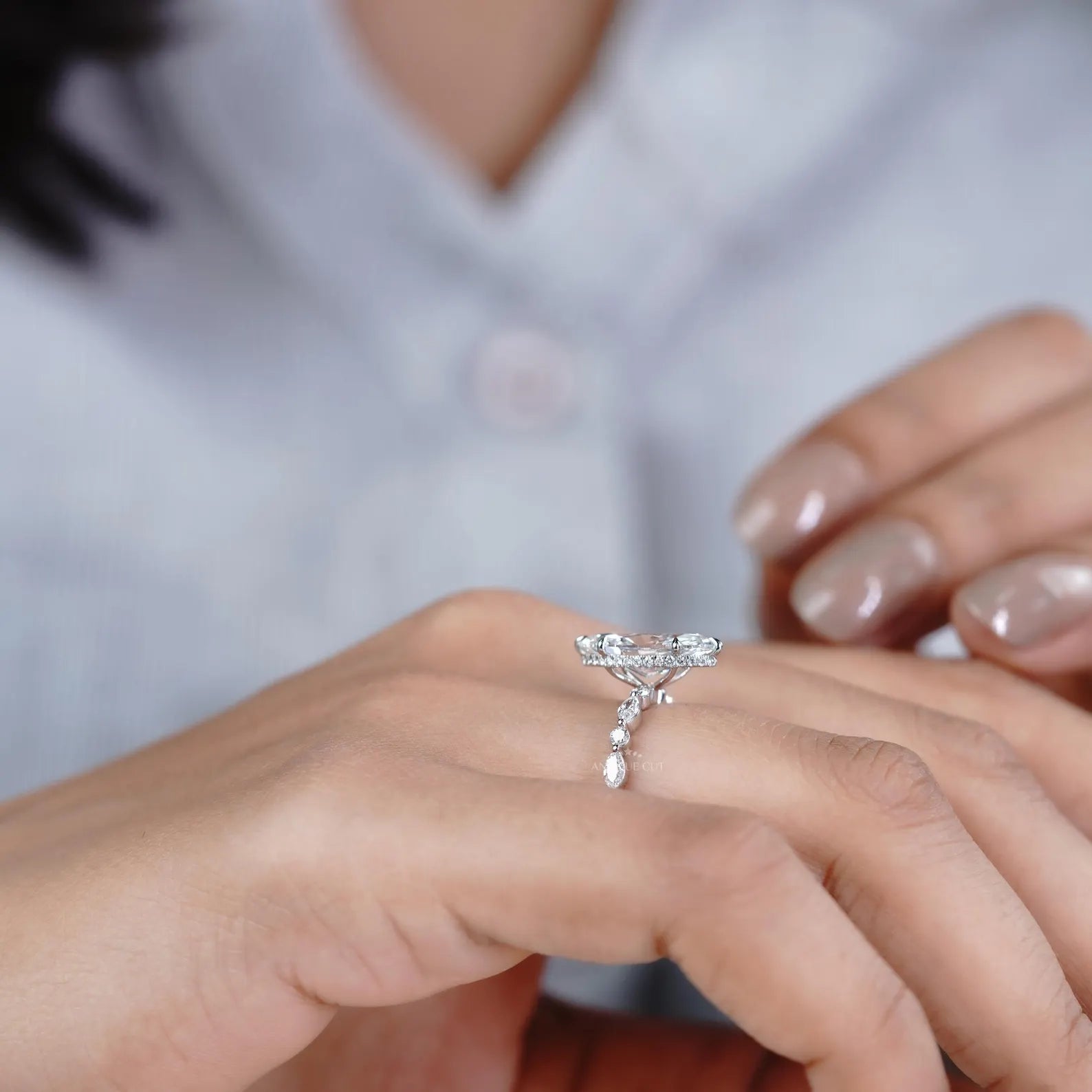 3.00ct Marquise Engagement Ring with 0.60ct Marquise & Round Side Stones | Unique Diamond Halo Ring | White Gold Marquise Solitaire