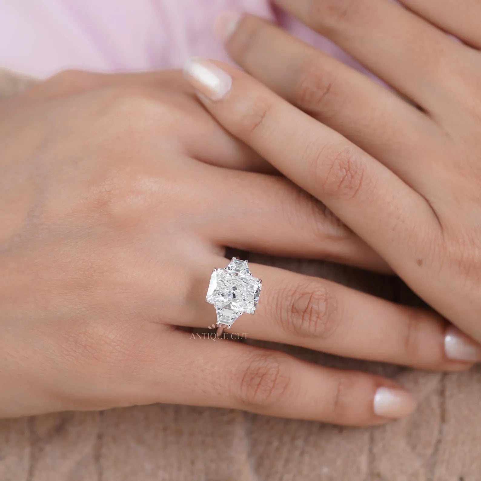 Radiant 5.97tcw Lab Grown Diamond Three-Stone Engagement Ring | Trapezoid Side Stones | D–F Color | VVS–VS Clarity