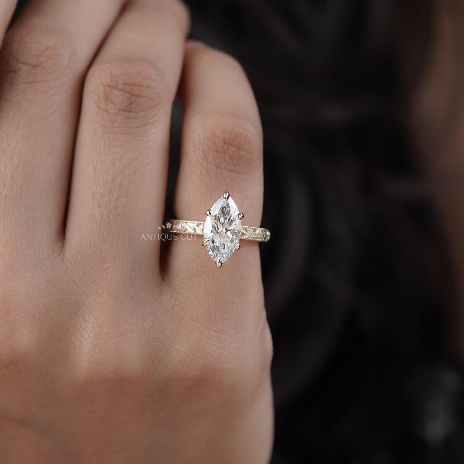 Marquise 2.25tcw Lab Grown Diamond Vintage Engagement Ring | Hand-Engraved Band | DEF Color | VVS-VS Clarity