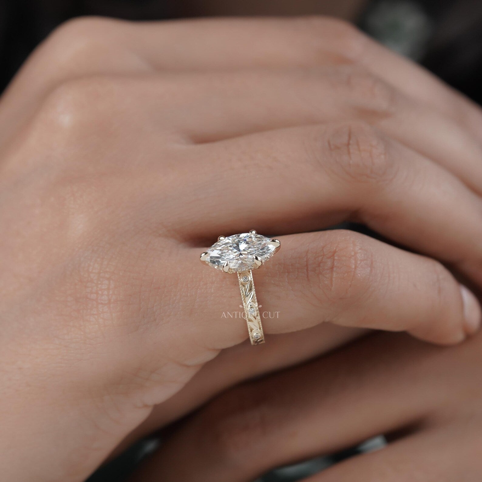 Marquise 2.25tcw Lab Grown Diamond Vintage Engagement Ring | Hand-Engraved Band | DEF Color | VVS-VS Clarity