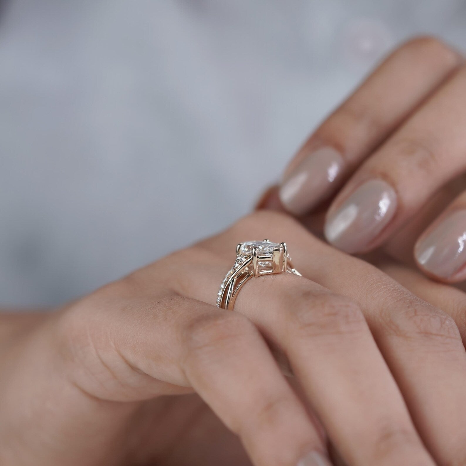 Marquise Cut Ring Duo • 3.00ct Center • Matching V Band with 0.10ct Side Accents