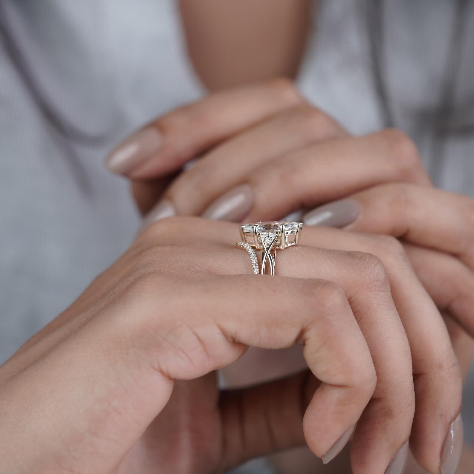 Marquise Cut Ring Duo • 3.00ct Center • Matching V Band with 0.10ct Side Accents