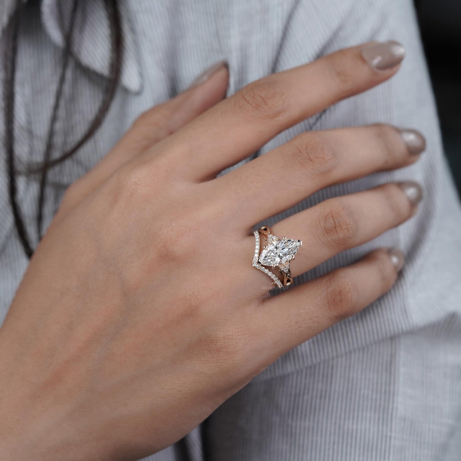 Marquise Cut Ring Duo • 3.00ct Center • Matching V Band with 0.10ct Side Accents