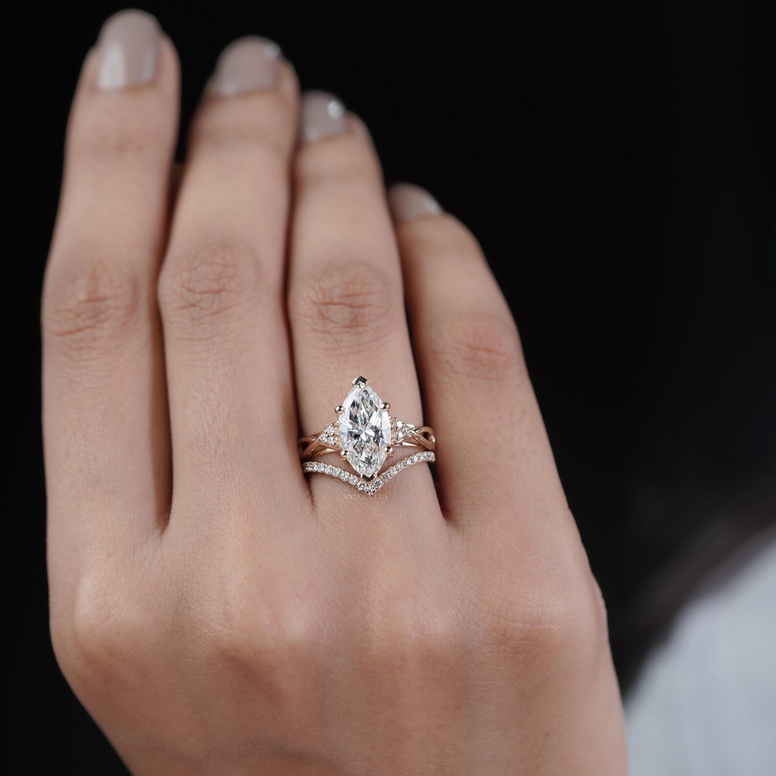 Marquise Cut Ring Duo • 3.00ct Center • Matching V Band with 0.10ct Side Accents