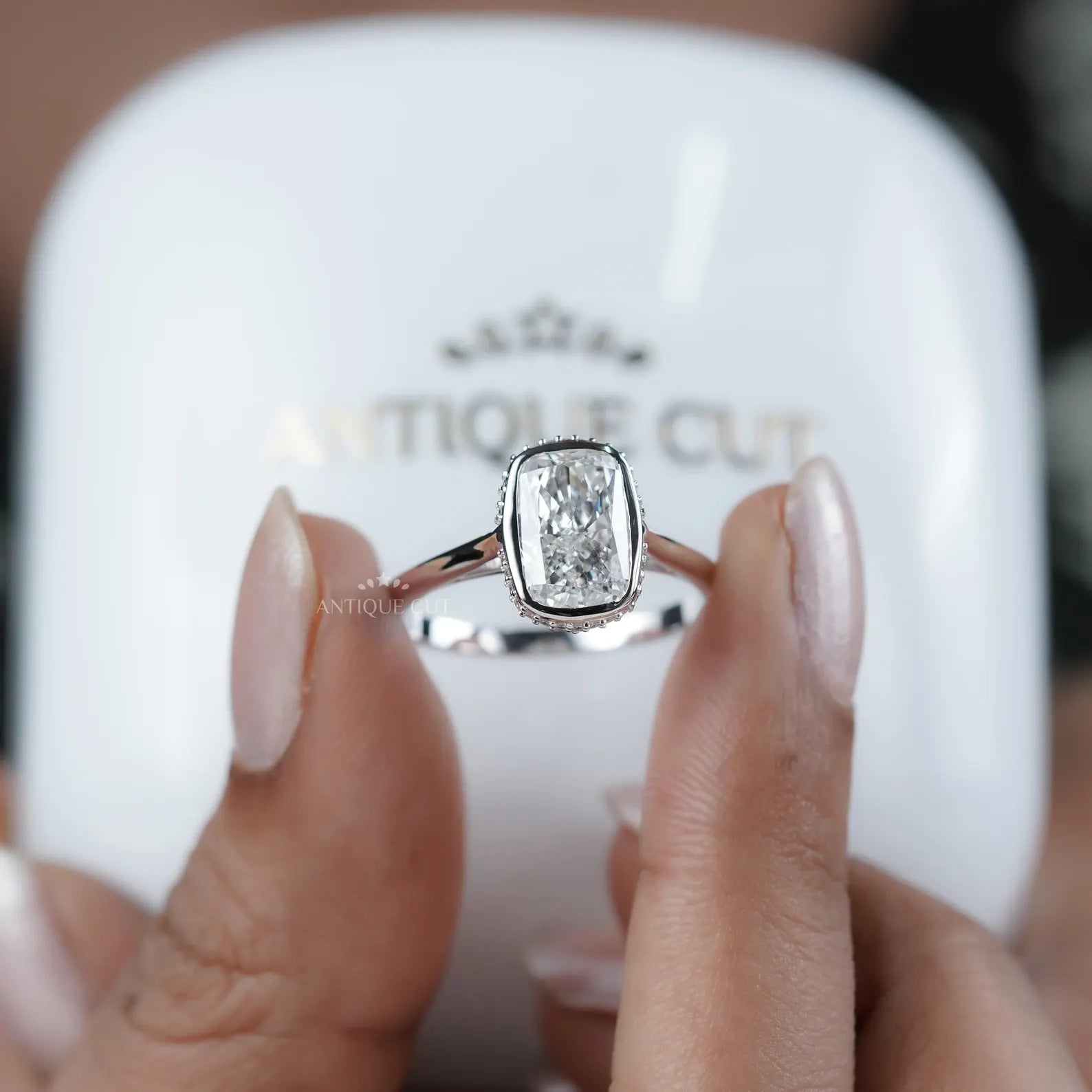 Cushion 3.20tcw Lab Grown Diamond Engagement Ring | Bezel Halo Setting | DEF Color | VVS–VS Clarity