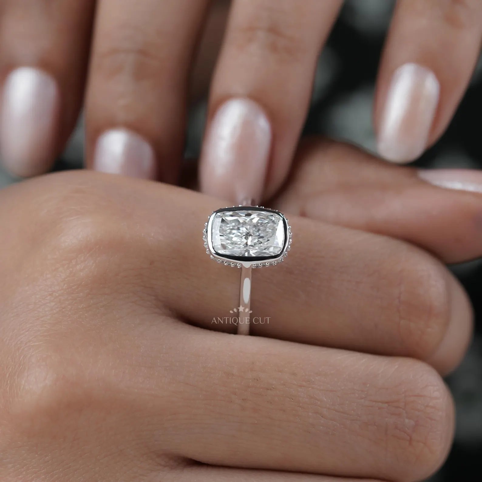 Cushion 3.20tcw Lab Grown Diamond Engagement Ring | Bezel Halo Setting | DEF Color | VVS–VS Clarity