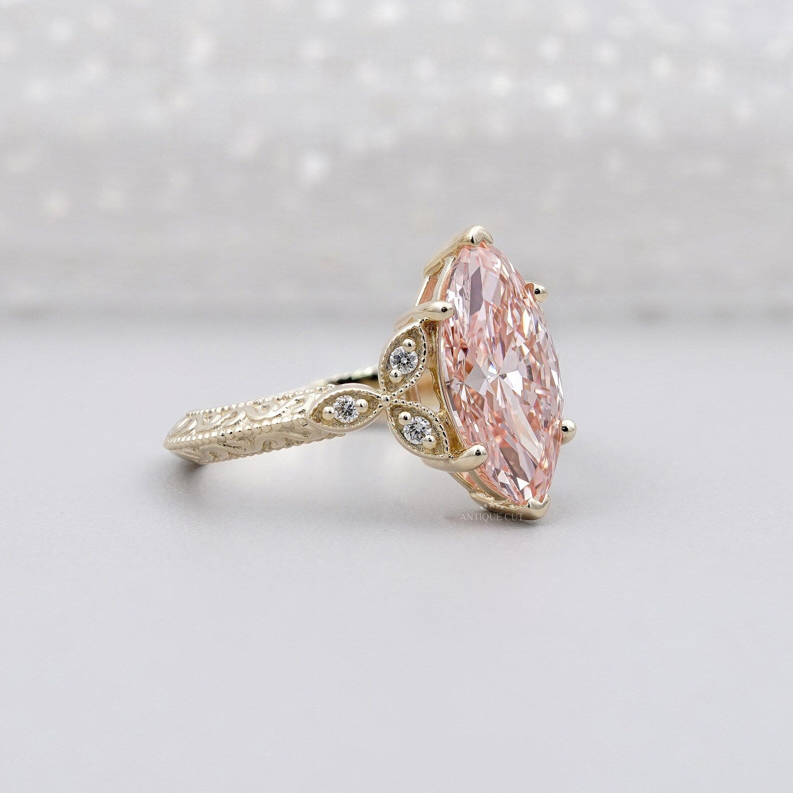 3.00ct Marquise Fancy Pink Engagement Ring • 0.15ct Diamond Leaf Side Stones • Vintage 14K Gold Fancy Pink Ring • Unique Bridal Ring