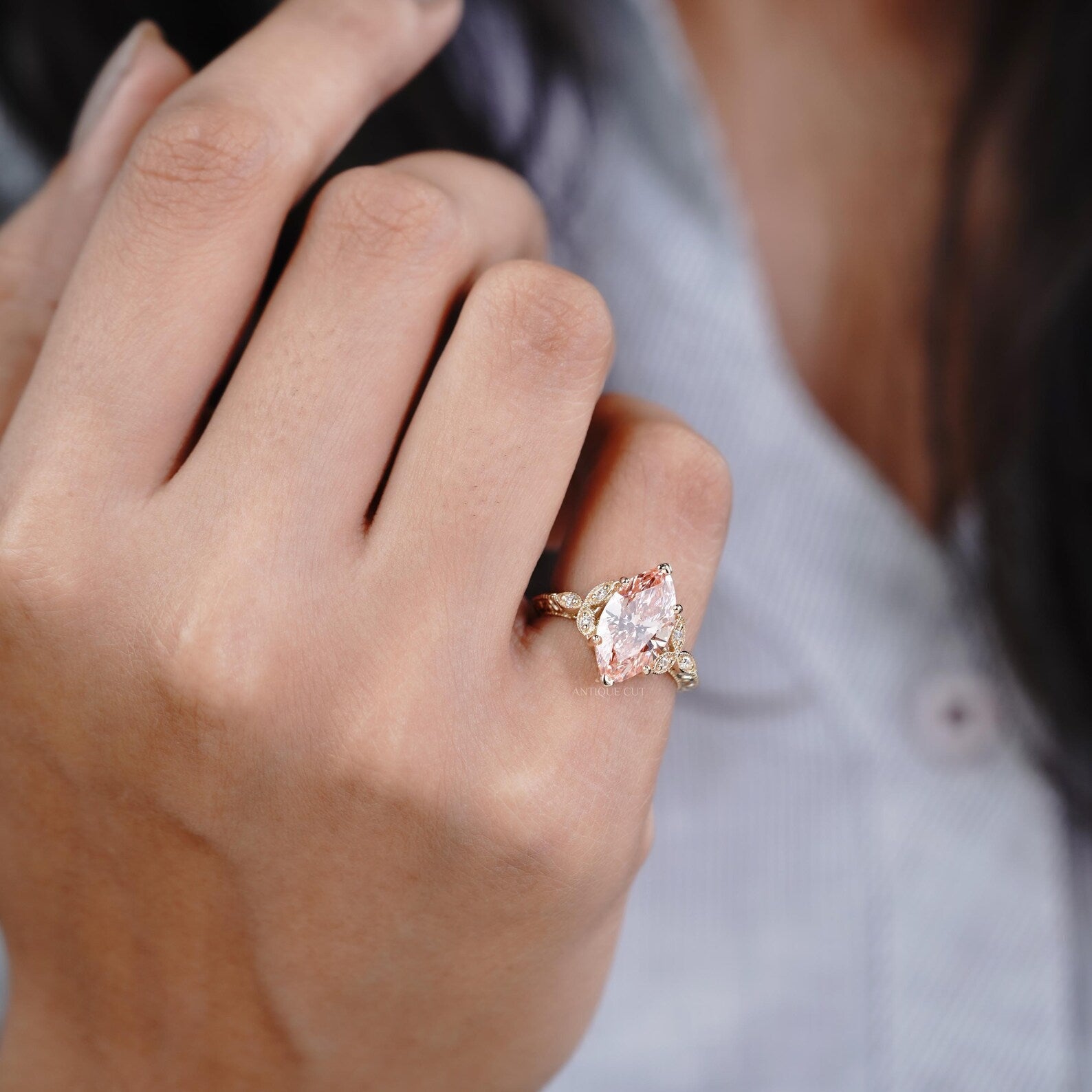3.00ct Marquise Fancy Pink Engagement Ring • 0.15ct Diamond Leaf Side Stones • Vintage 14K Gold Fancy Pink Ring • Unique Bridal Ring