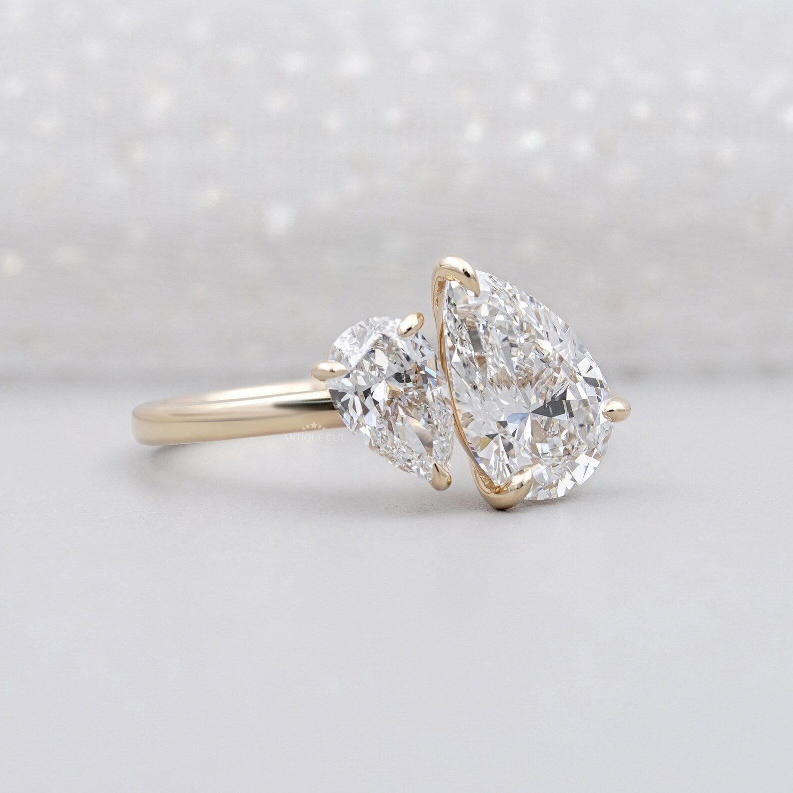 1.30ct Pear Cut Engagement Ring • 0.30ct Pear Side Stone • Two Stone Toi et Moi Ring • 14K Gold Pear Diamond Bypass Ring