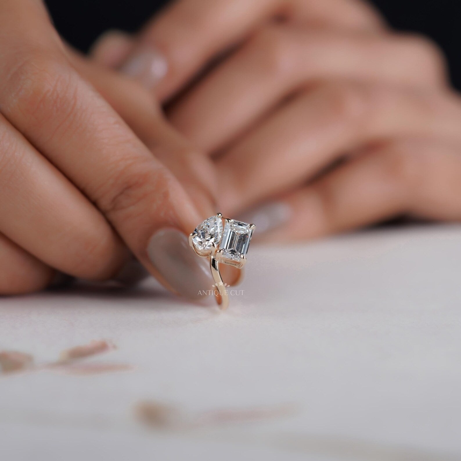 Emerald And Pear 2.50tcw Lab Grown Diamond Bypass Ring | Modern Two-Stone Toi Et Moi | D–F Color | VVS–VS Clarity