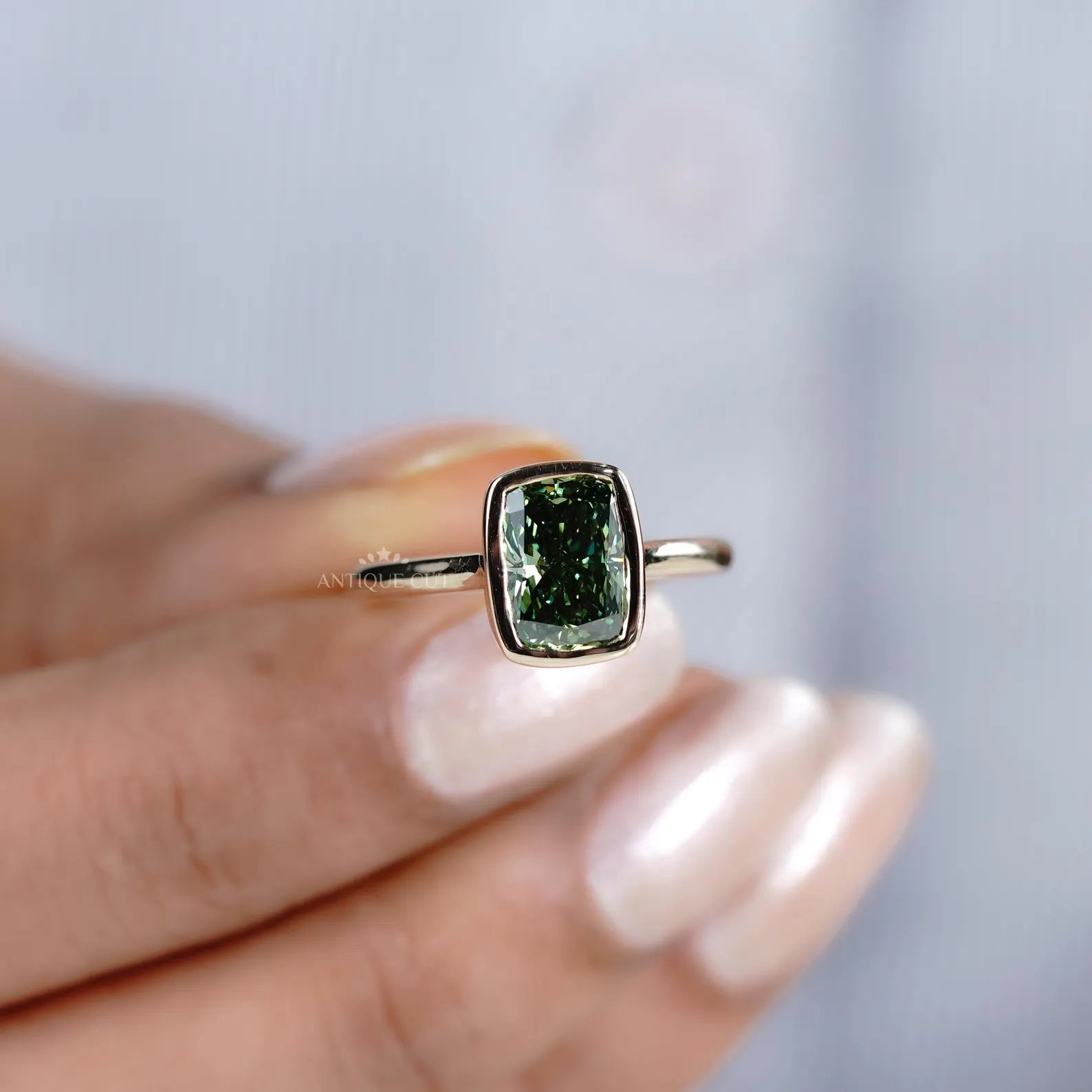 Fancy Green 2.09ct Cushion Cut Lab-Grown Diamond Bezel Ring | Solid Gold Modern Setting