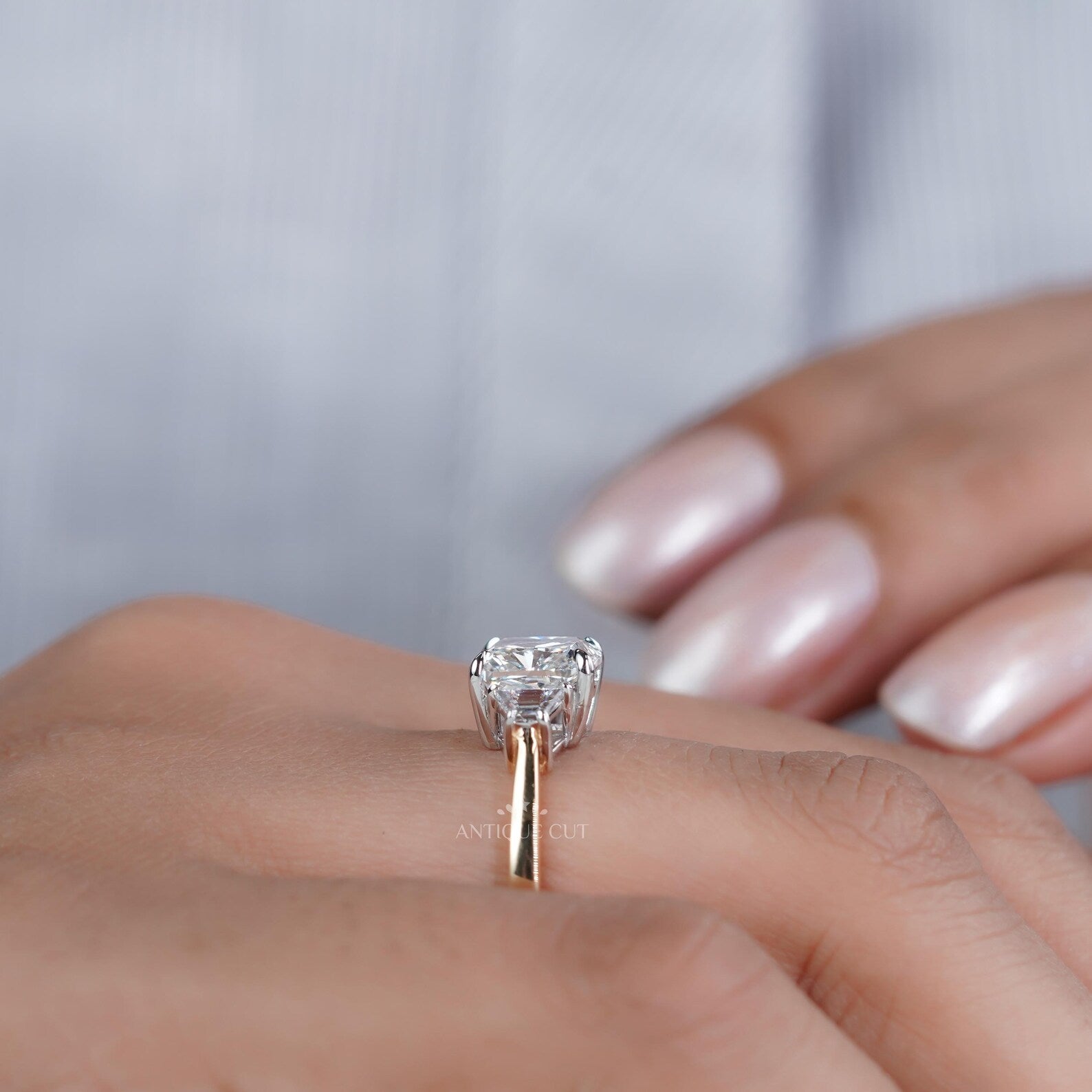 Cushion Cut 3.10tcw Lab-Grown Diamond Three-Stone Ring | Baguette Side Stones | Two-Tone Gold Setting | IGI Certified