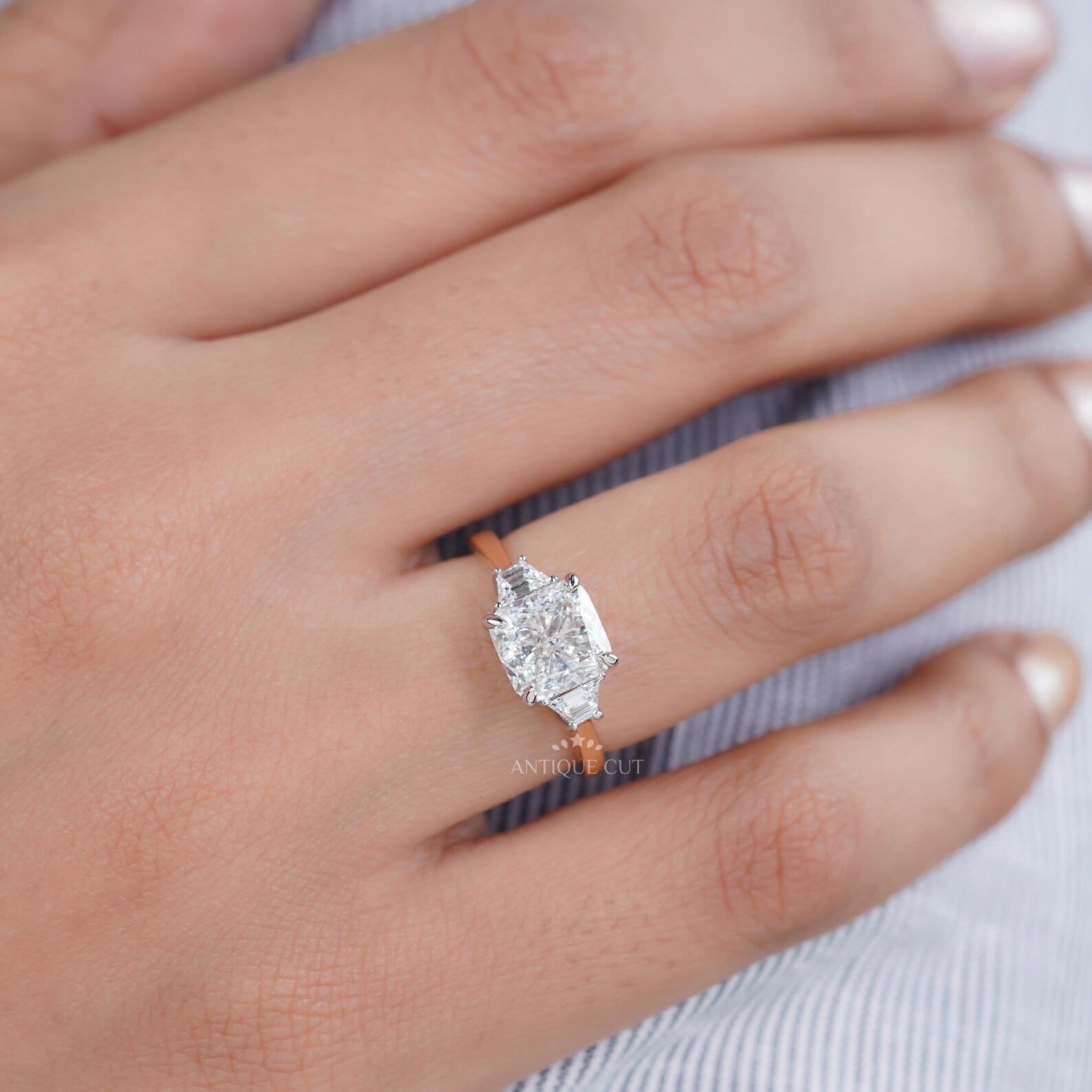 Cushion Cut 3.10tcw Lab-Grown Diamond Three-Stone Ring | Baguette Side Stones | Two-Tone Gold Setting | IGI Certified